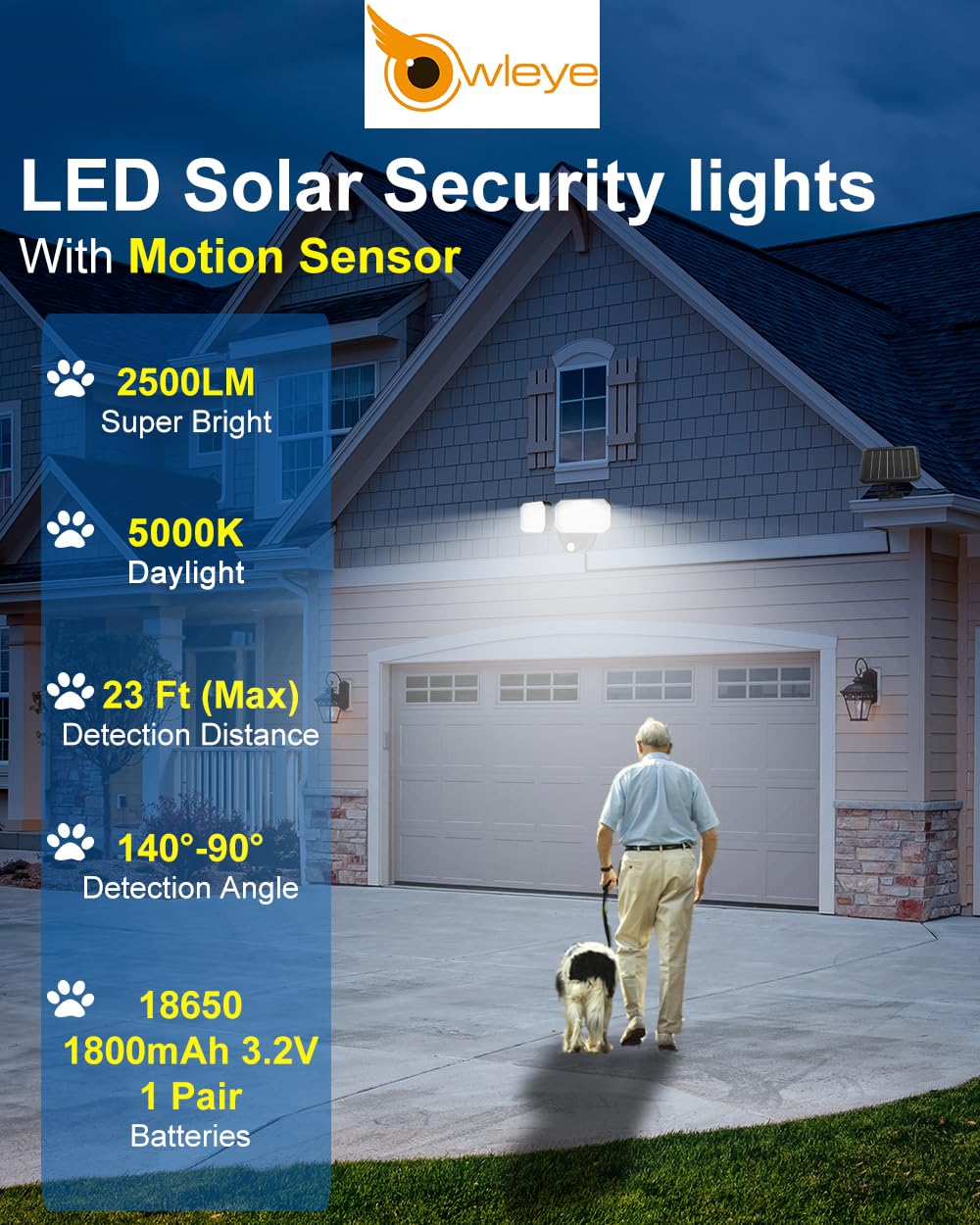 Owleye 2500Lm Led Solar Flood Lights Outdoor With Motion, Ip65 Waterproof Security Light With 2 Adjustable Head, 3600Mah 3.2V Ba