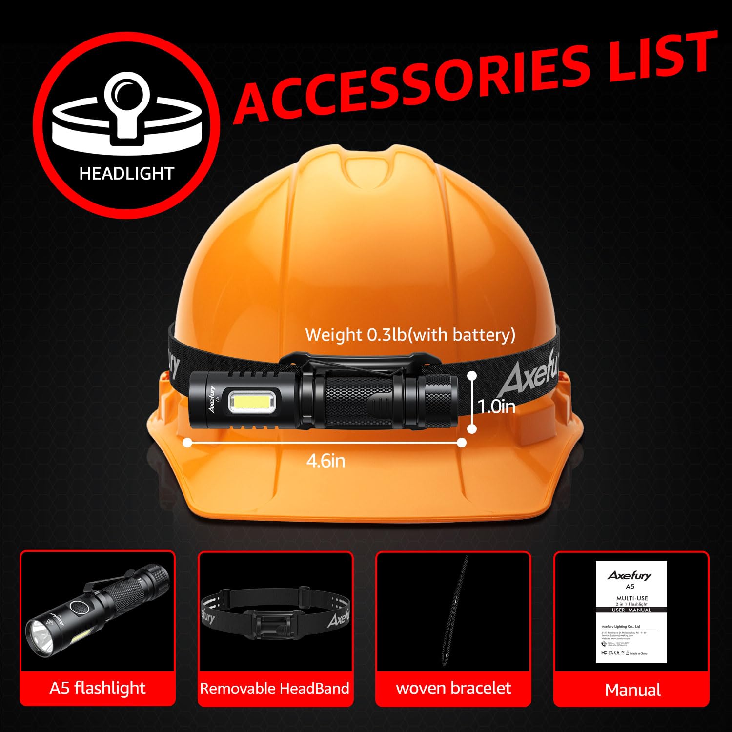 Axefury Flashlight,Magnetic Led Flashlight,Edc Handheld Flashlight With Removable Headband,6 Modes,Dual Fuel, A5 For Camping, Em