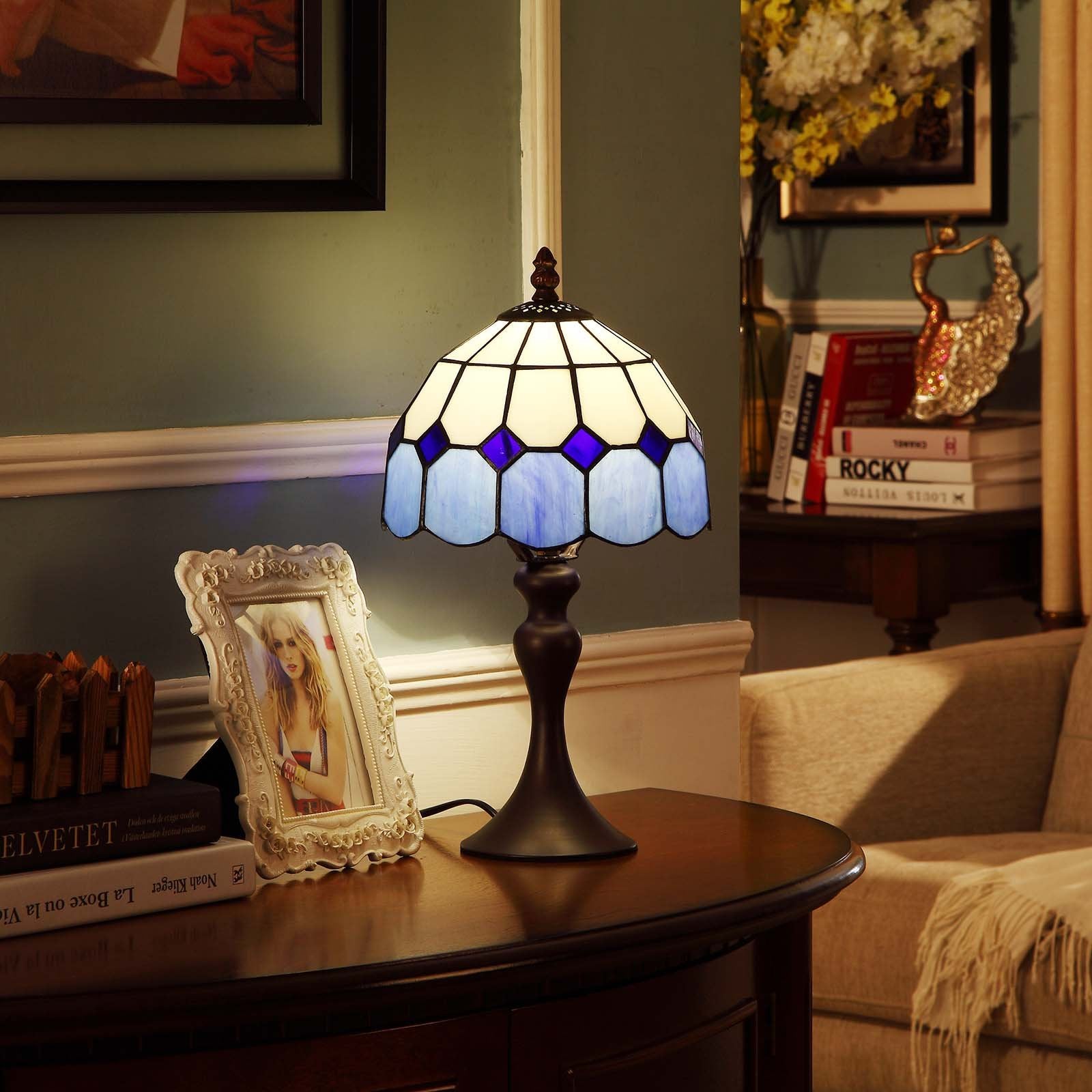 Bieye Tiffany Style Stained Glass Table Lamp, 15in Tall, 8in Wide Shade, Sea Blue, Model L10468, Brown Base