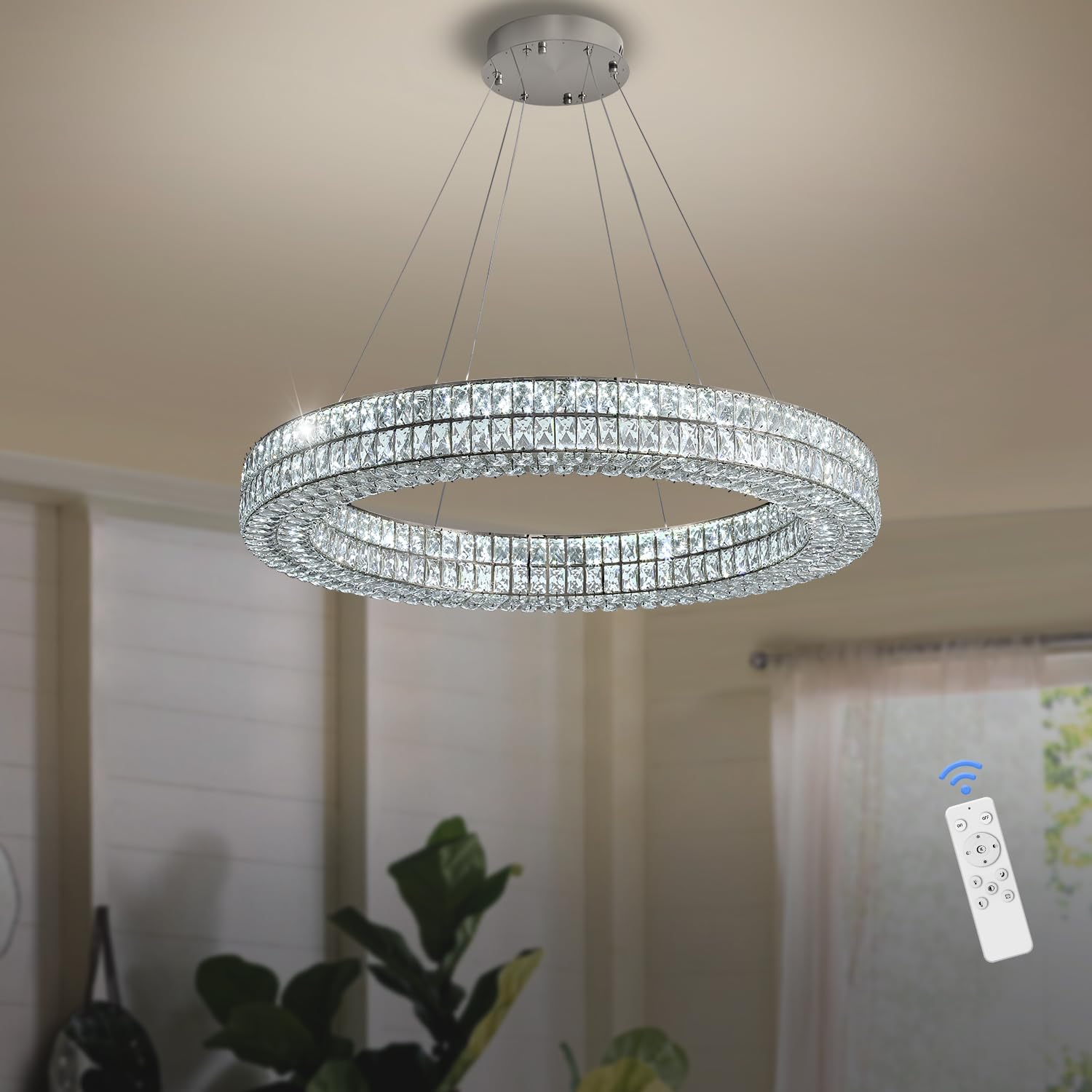 IDEQUY Modern Crystal Chandelier Pendant Light, 32" Adjustable Dimmable, Silver Stainless Steel & Crystal, Model CF8024-80Y