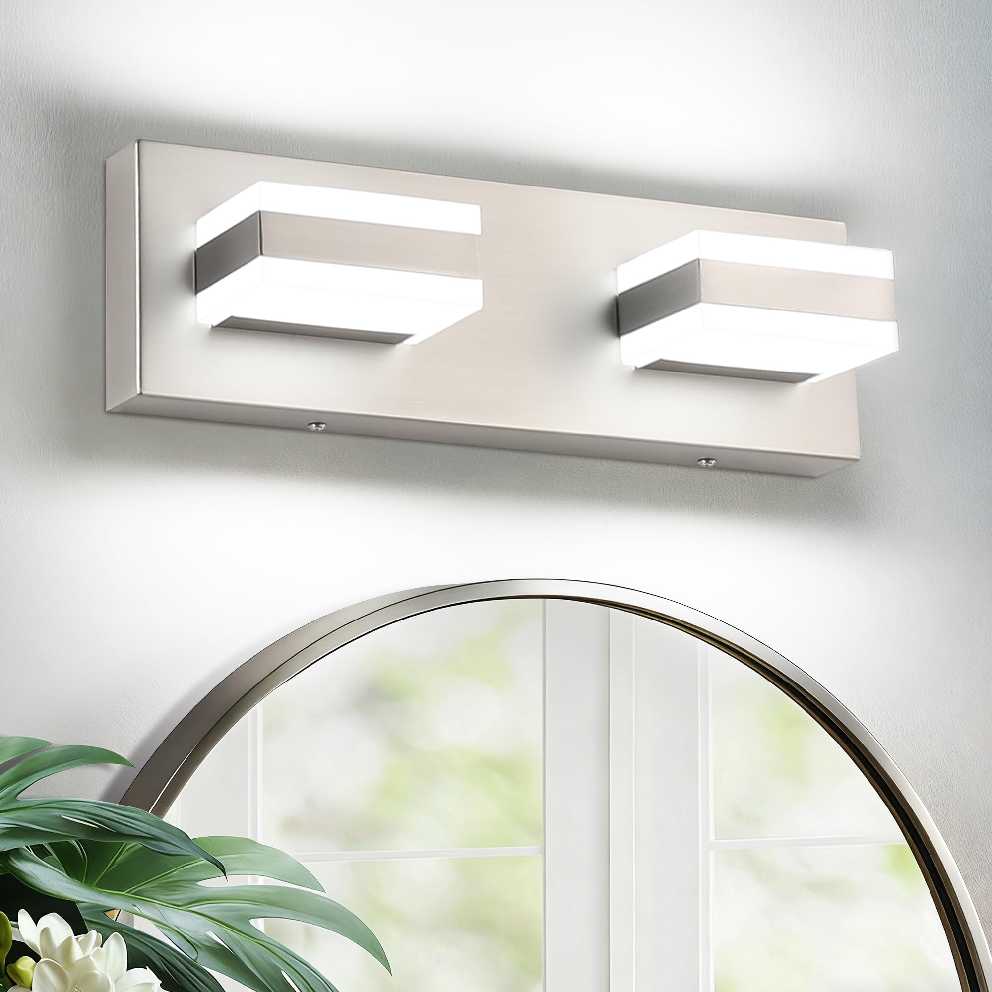 SOLFART 2 Light Brushed Nickel Vanity Lights for Bathroom Above Mirror  Modern Light Led Lighting Fixture  14 Inch Nickel Bathroom Lighting Fixture Cool Light