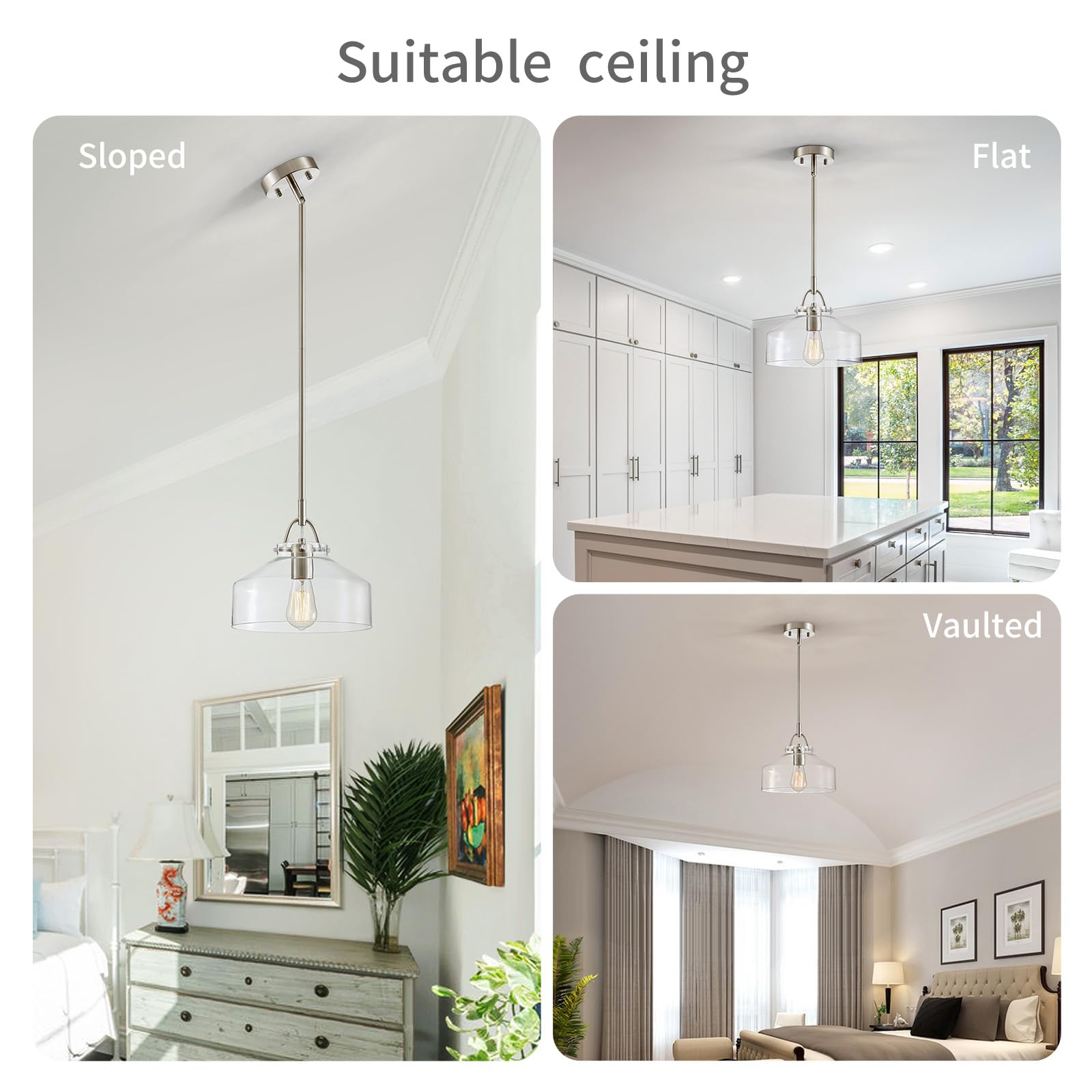 WUZUPS Chandelier Pendant Light, Rustic Farmhouse Round, 9.4"H x 10.6"W, Brushed Nickel, Clear Glass Shades, Model USHD0351N