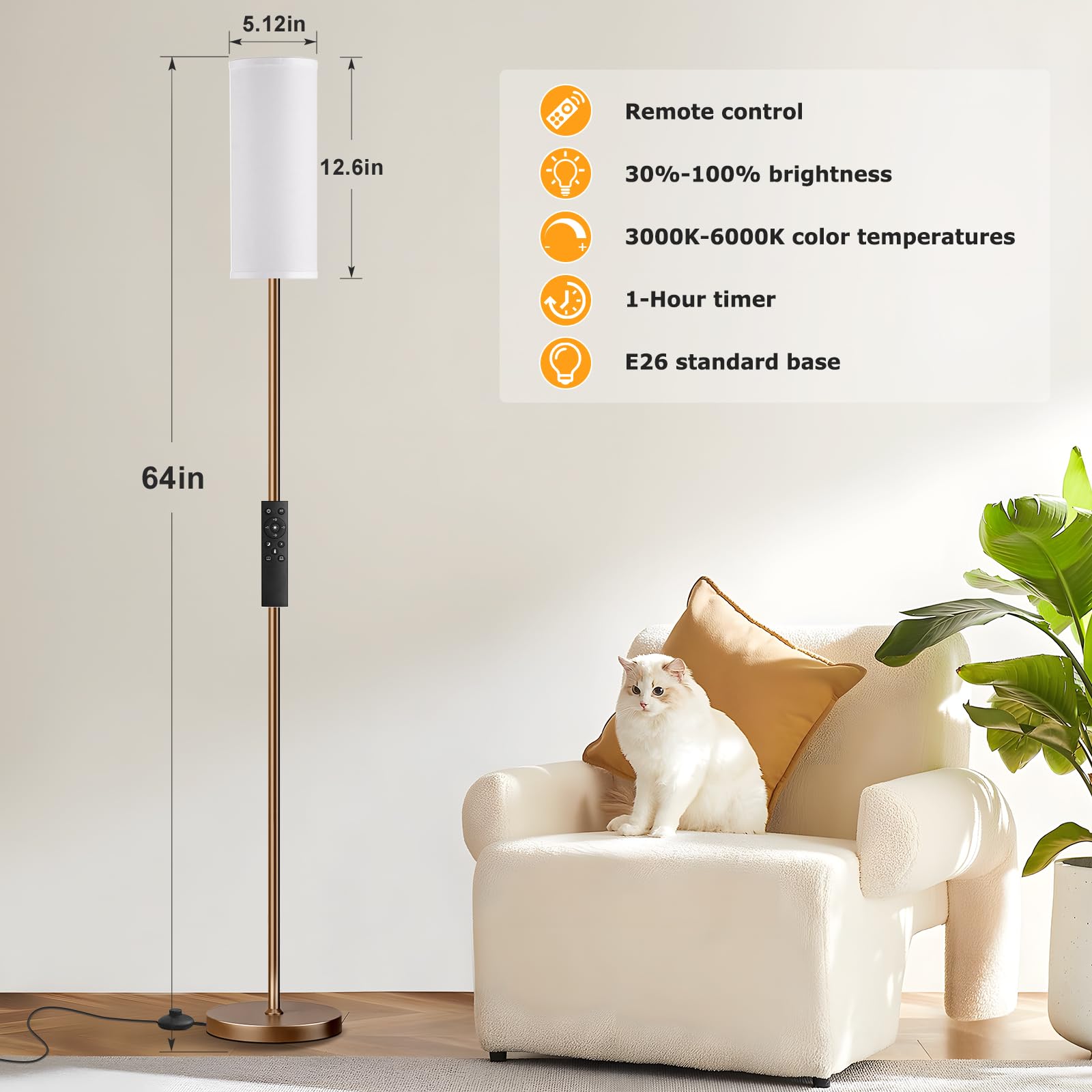 Ambimall 64'' Floor Lamps For Living Room With Remote Control And Stepless Dimmable Colors Temperature & Brightness, 9W Bulb Included(White Lampshade & Brown Pole)