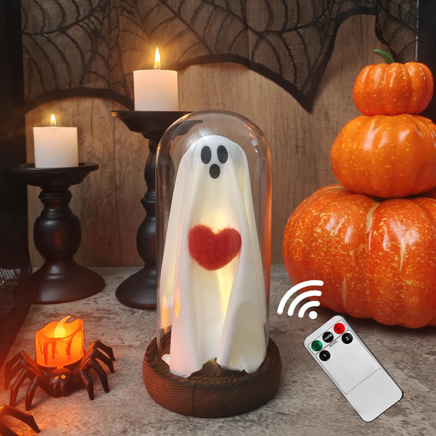 Generic Halloween Ghost Light Up Lamp with Remote Control, Small, Borosilicate Glass, Heart Color