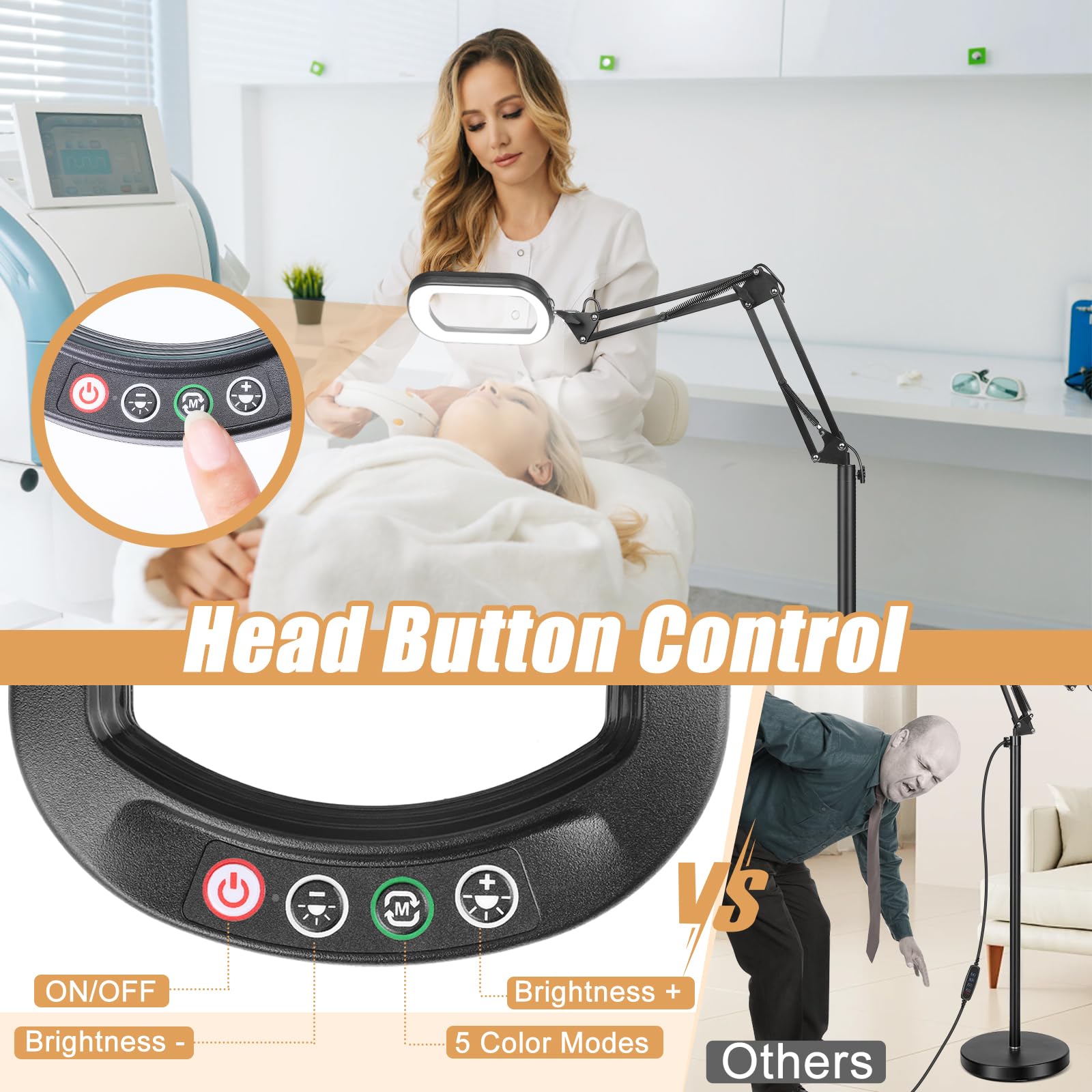 IVMAIE 10X Magnifying Glass with Light & Stand, 5 Color Modes LED Dimmable Magnifier for Sewing, Painting, Reading - Black