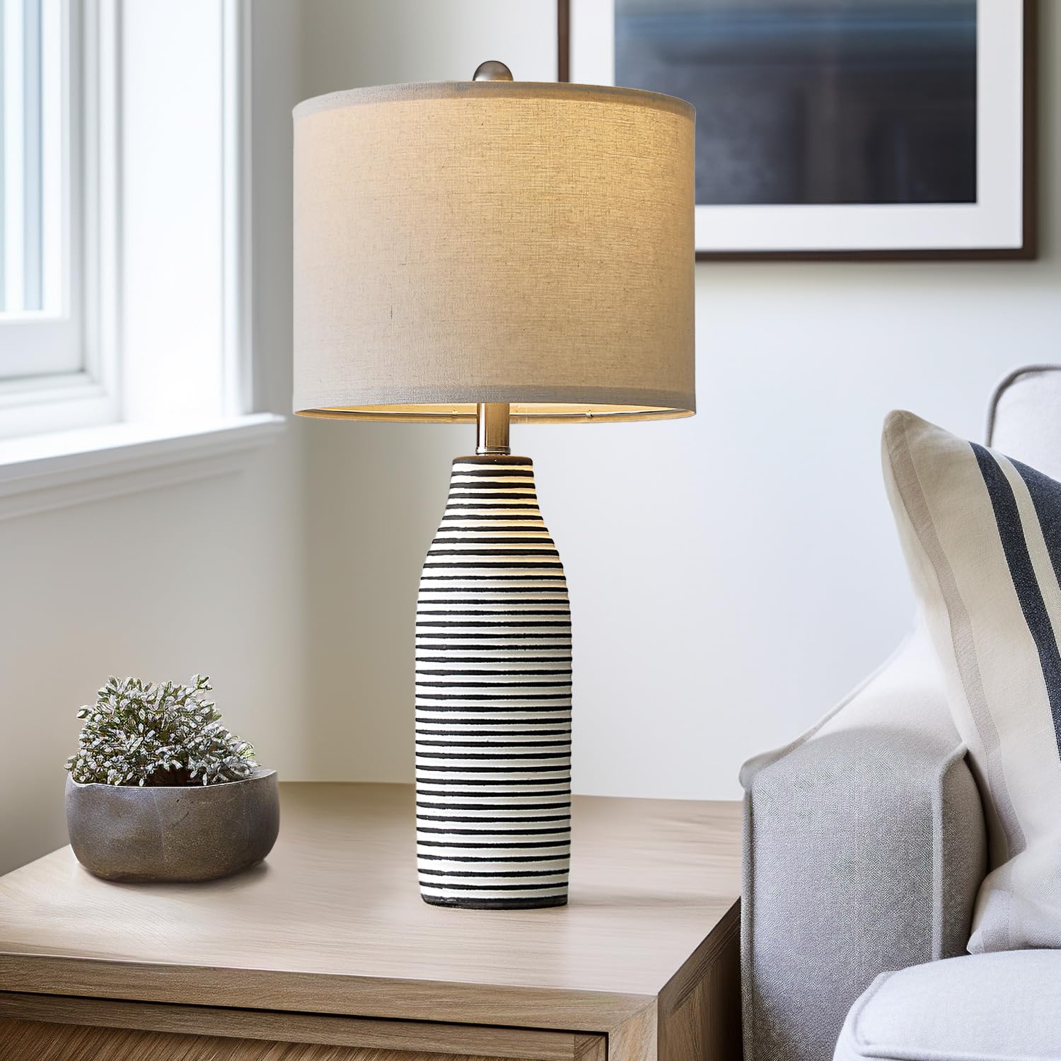 Portres 25'' Ceramic Table Lamp For Living Room Bedside Lamps For Night Stands Modern Lamps For Bedroom With Rotary Switch Black
