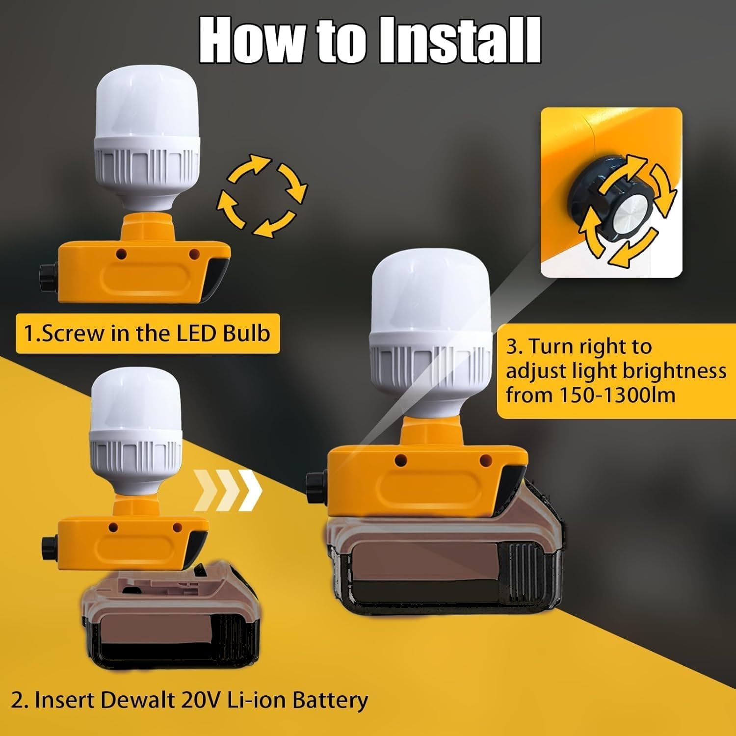 Cordless Led Work Light For Dewalt With E27 Led Bulb, 12W 1300Lm Super Bright Led Lamp Emergency Light For Dewalt 20V Battery Fo