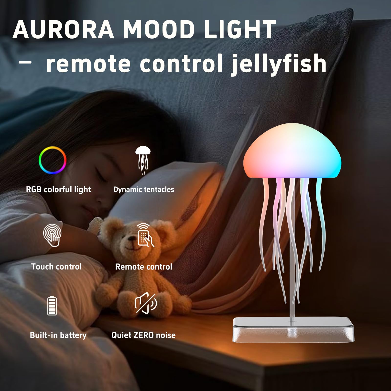 Jellyfish Lamp with Touch Sensor and Remote Control, Rechargeable Eye Friendly RGB Gradient Jellyfish Night Light as Desk Lamp,