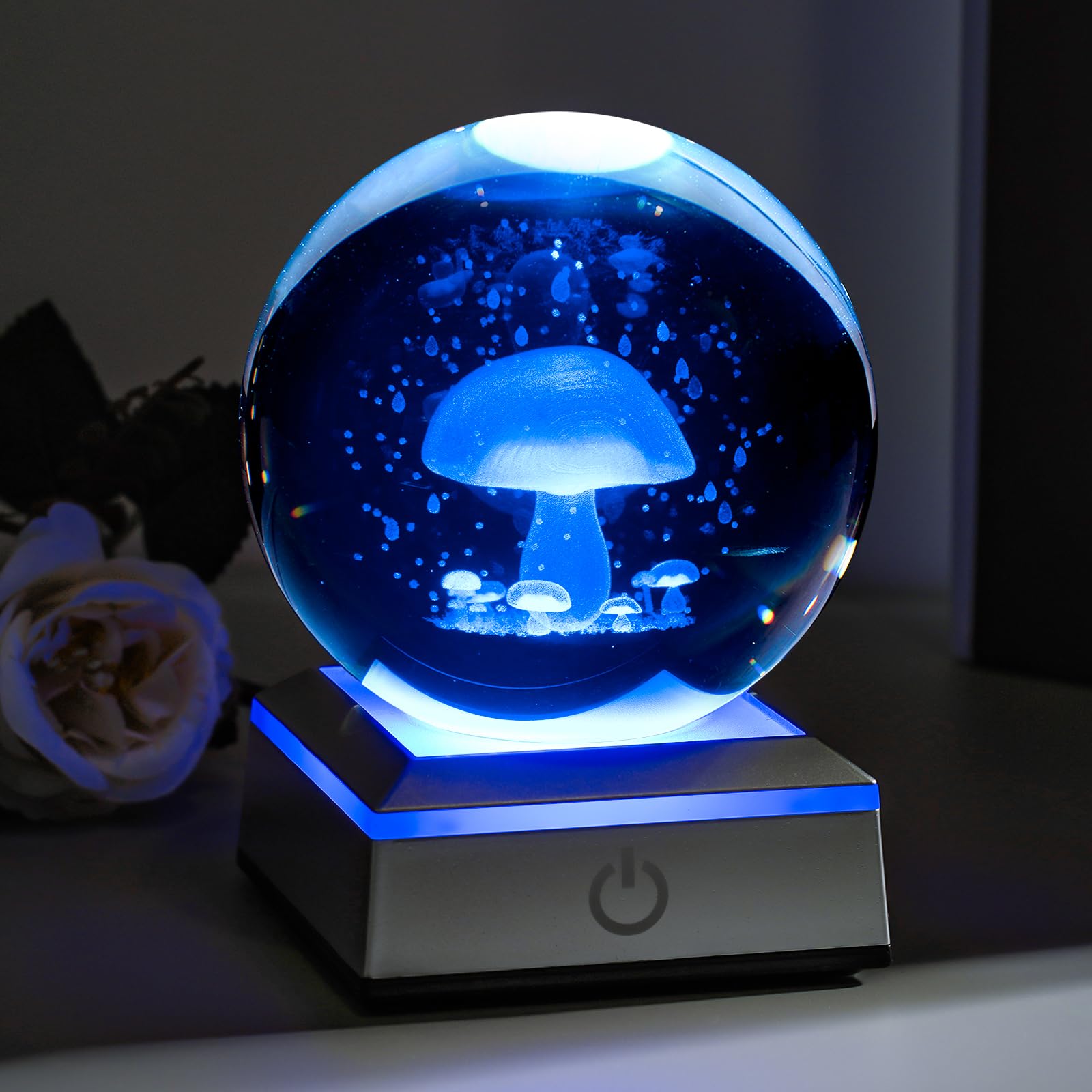 Eicxjui 3D Mushroom Crystal Night Light With Multicolor Led Base Glass Laser Engraved Mushroom Figurines Gifts For Boys Girls Lo
