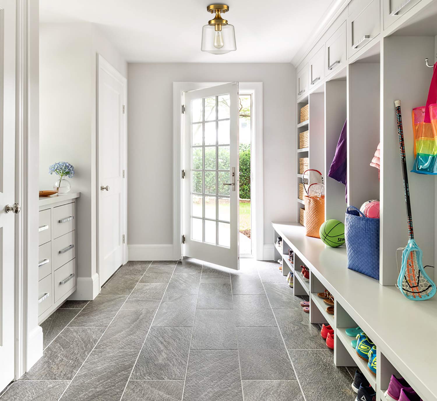 YUBOLE Mid-Century Brass Glass Ceiling Light Fixture, Semi Flush Mount, Gold Finish, Model B7160CU-J