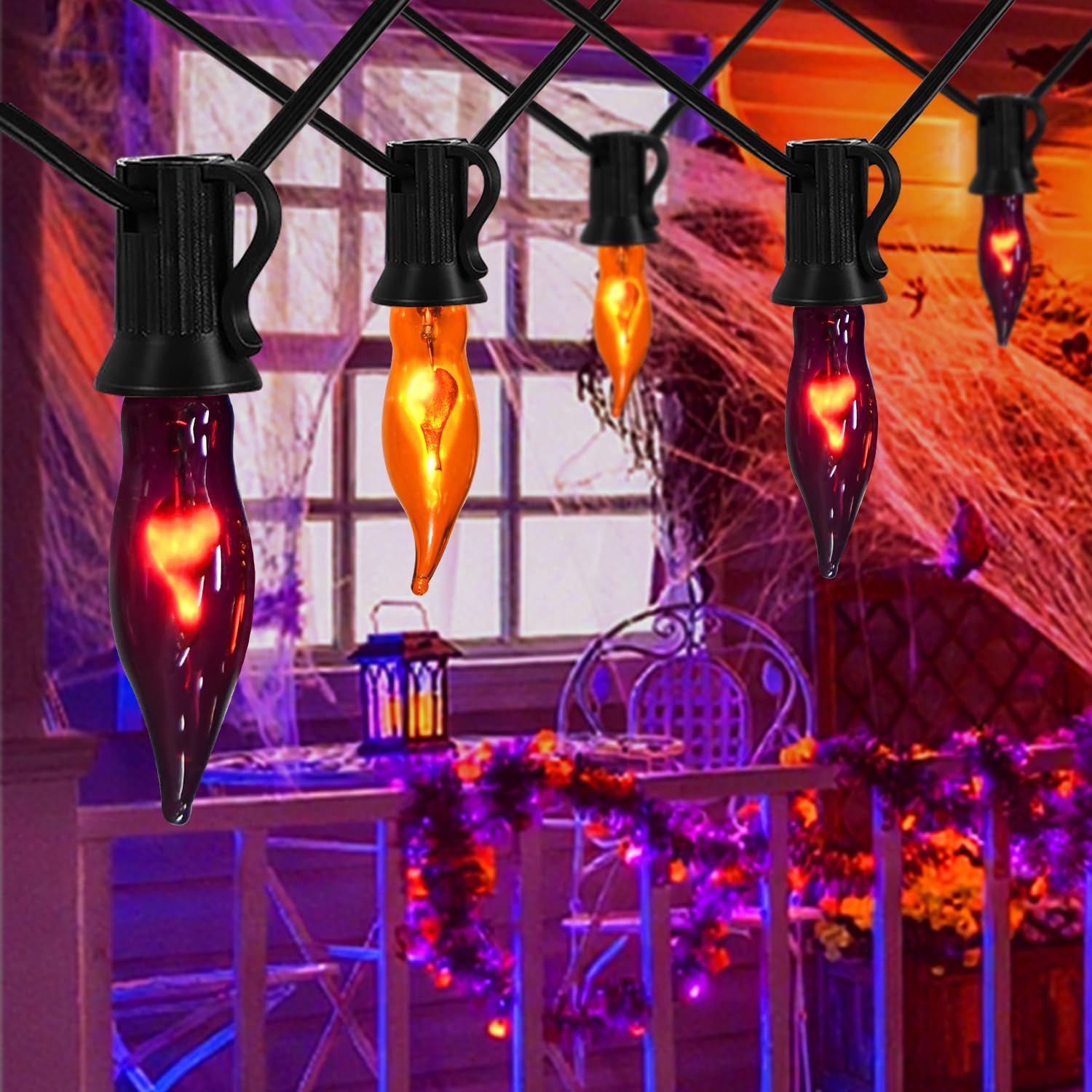 SOTOPOO Halloween Flickering Flame String Lights, 12.8Ft, Orange & Purple, C7 Retro Twinkle with 12 Bulbs, Model ULP(7)-LR(10