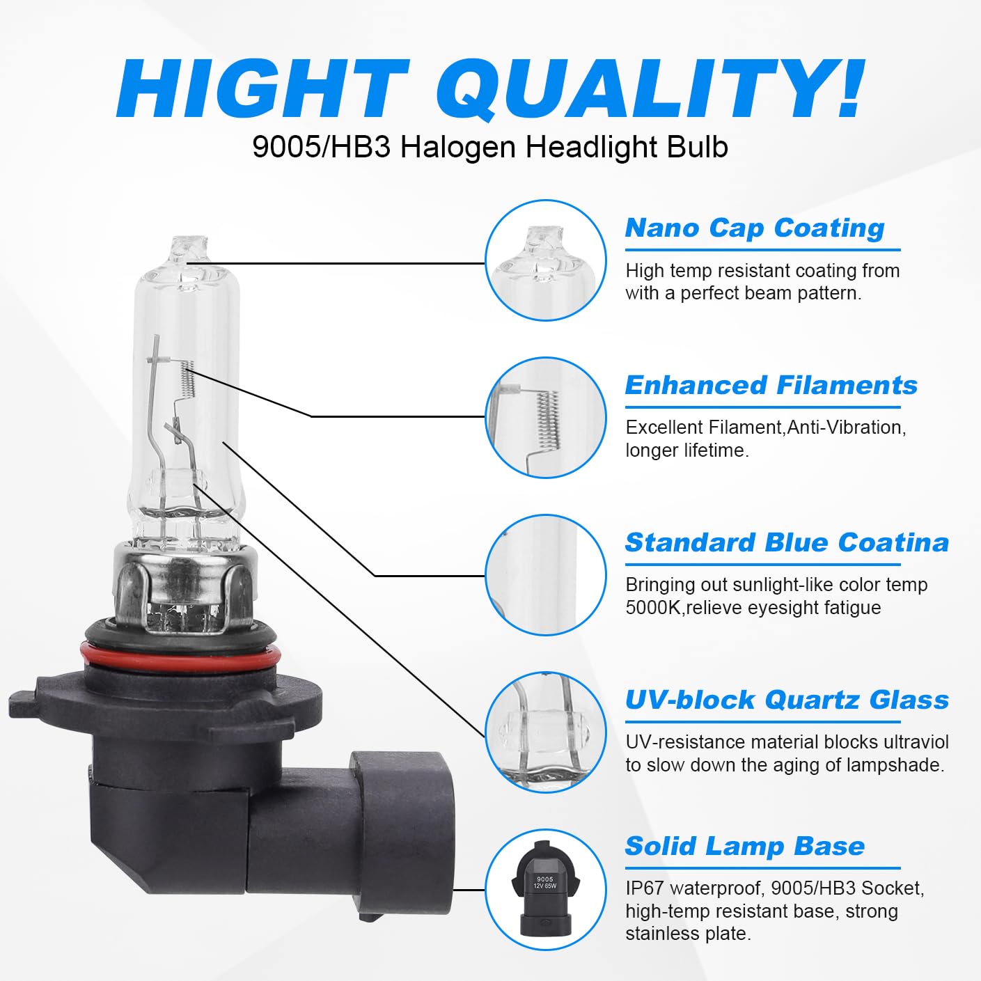Safego 9005 HB3 Halogen Headlight Bulb, 2 PCS, 12V 60W, 5000K, Low High Beam, Auto Car Light Bulbs