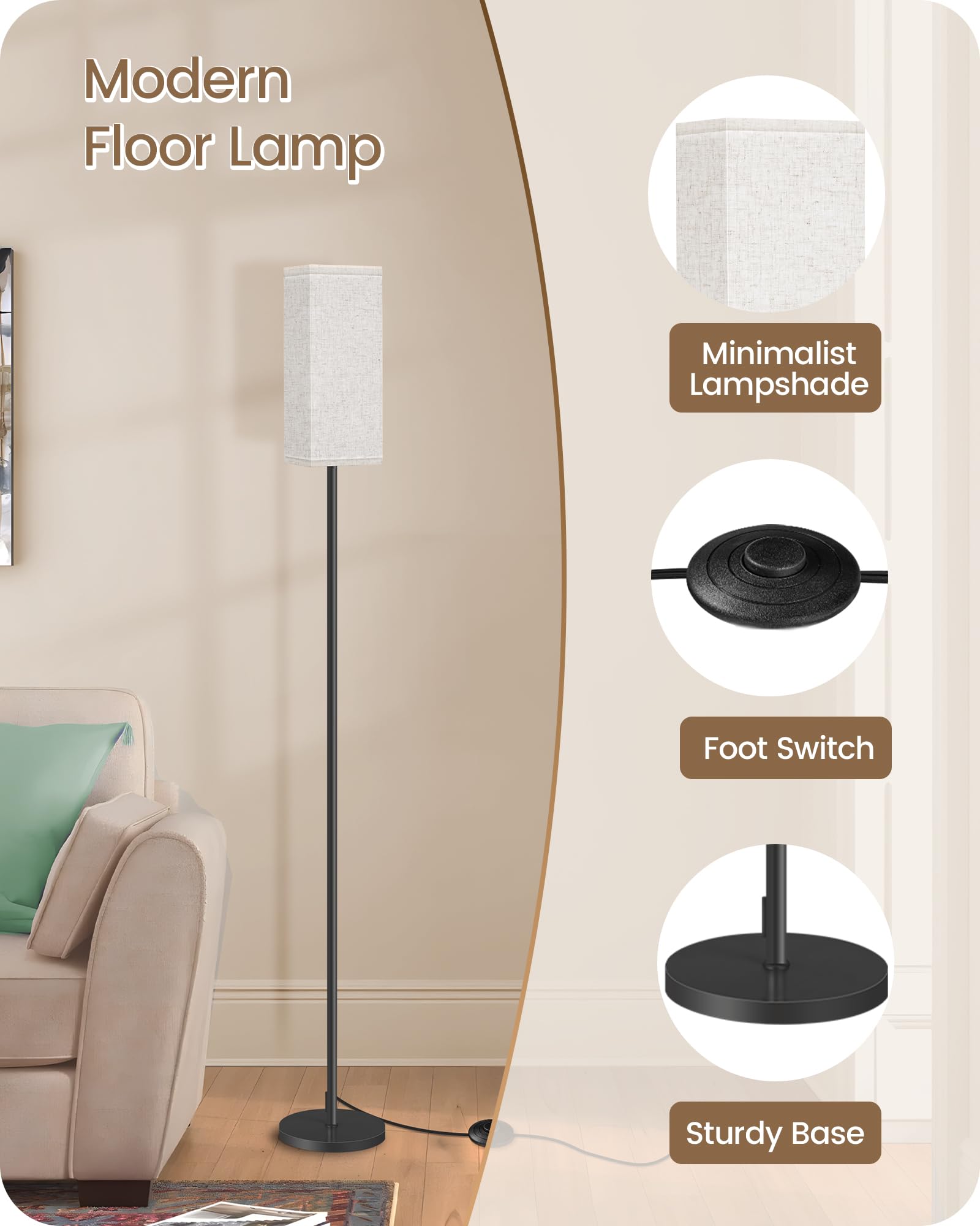 Goebleson Set Of 2 Floor Lamps For Living Room, Modern Tall Standing Lamps With Foot Switches, Bulb Not Included, 64.6'', For Li