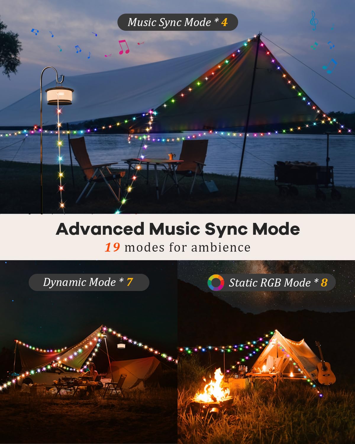Camping String Lights, Rgb Retractable String Lights Camping With 19 Lighting Modes, Quick 20S Recovery, 33Ft Portable Camping Lights, Waterproof, Rechargeable Tent Lights For Yard Bedroom Decor