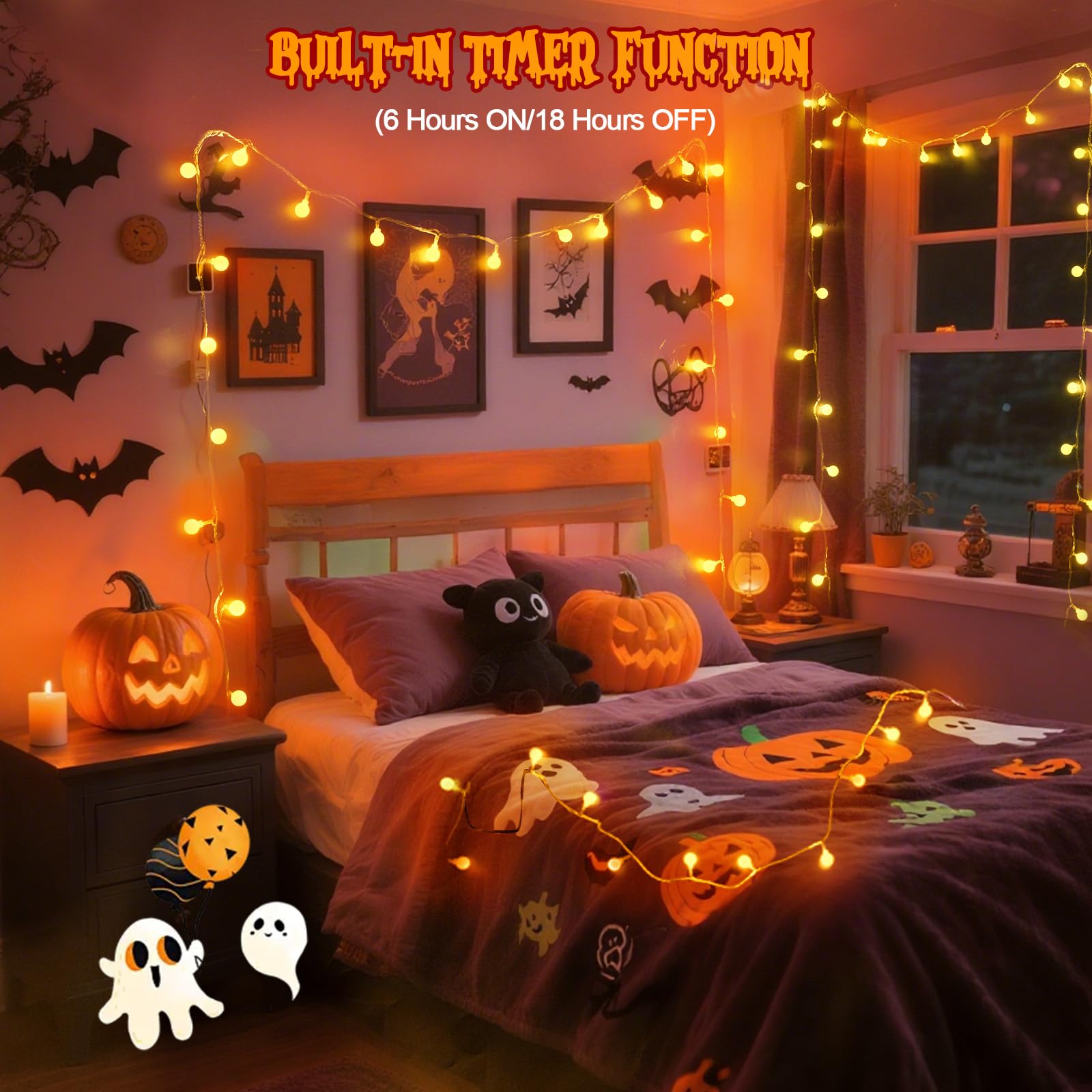 LORRYTE Connectable Globe String Lights - 100 LED, 43FT, Orange, Waterproof, 13 Modes, Halloween Decor, Model GP-SW290DC0209-IP44