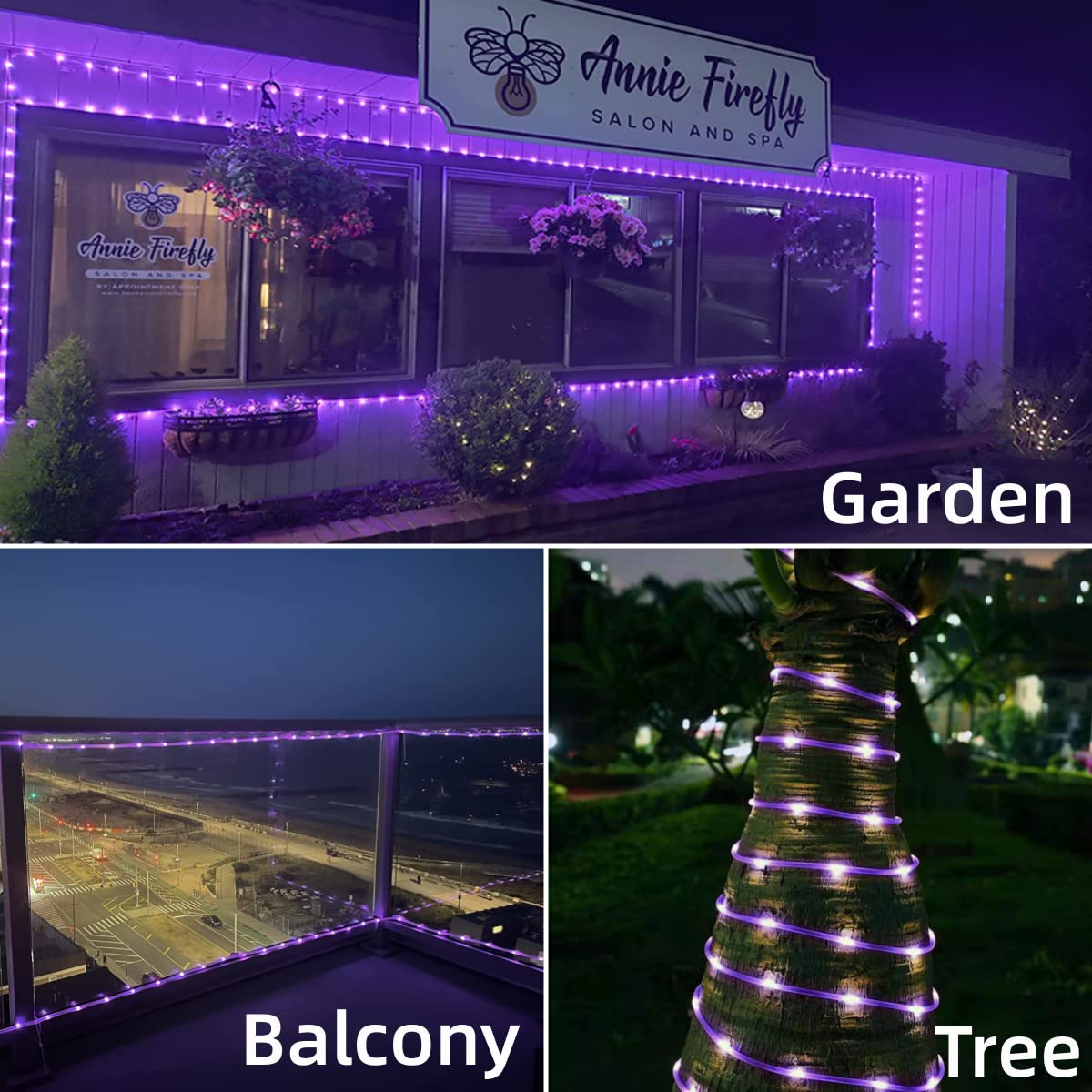 Yeguo 2 Packs Each 33Ft 100 Led Solar Rope Lights Outdoor Waterproof, Purple String Lights For Outside, 8 Modes Fairy Lights In