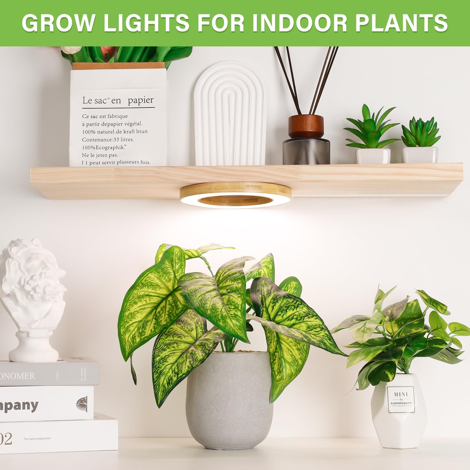 Lordem 6.3” Bamboo Ceiling Grow Light For Indoor Plants, 72 Leds Full Spectrum Plant Light, Corded, Halo Under Cabinet Growing Lamp With 4/8/12H Auto Timer, 4 Brightness Levels, Ideal For Pot Plants