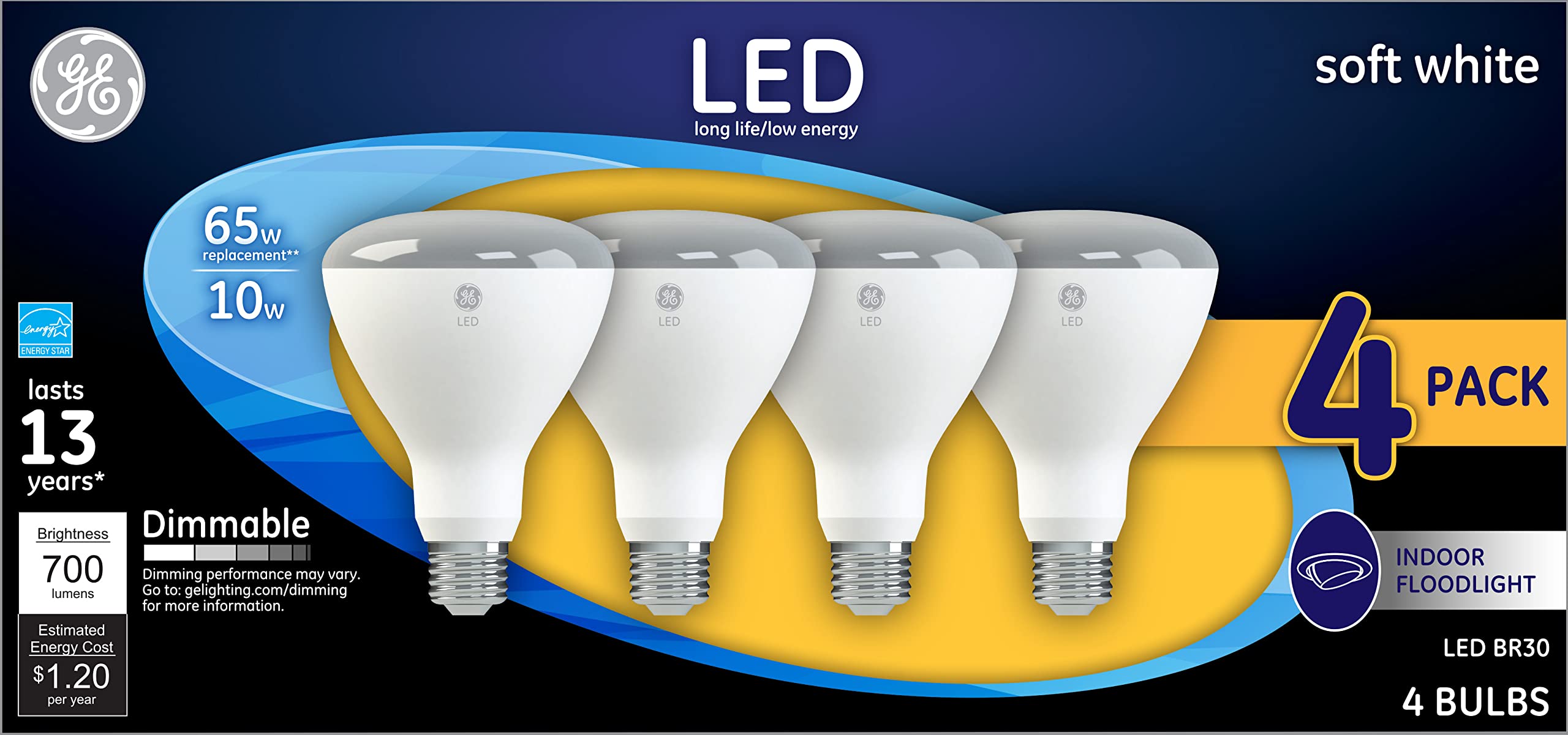 GE Lighting LED BR30 Floodlight Bulbs, 10W (65W Equivalent), Soft White, Dimmable, 4 Pack, Plastic