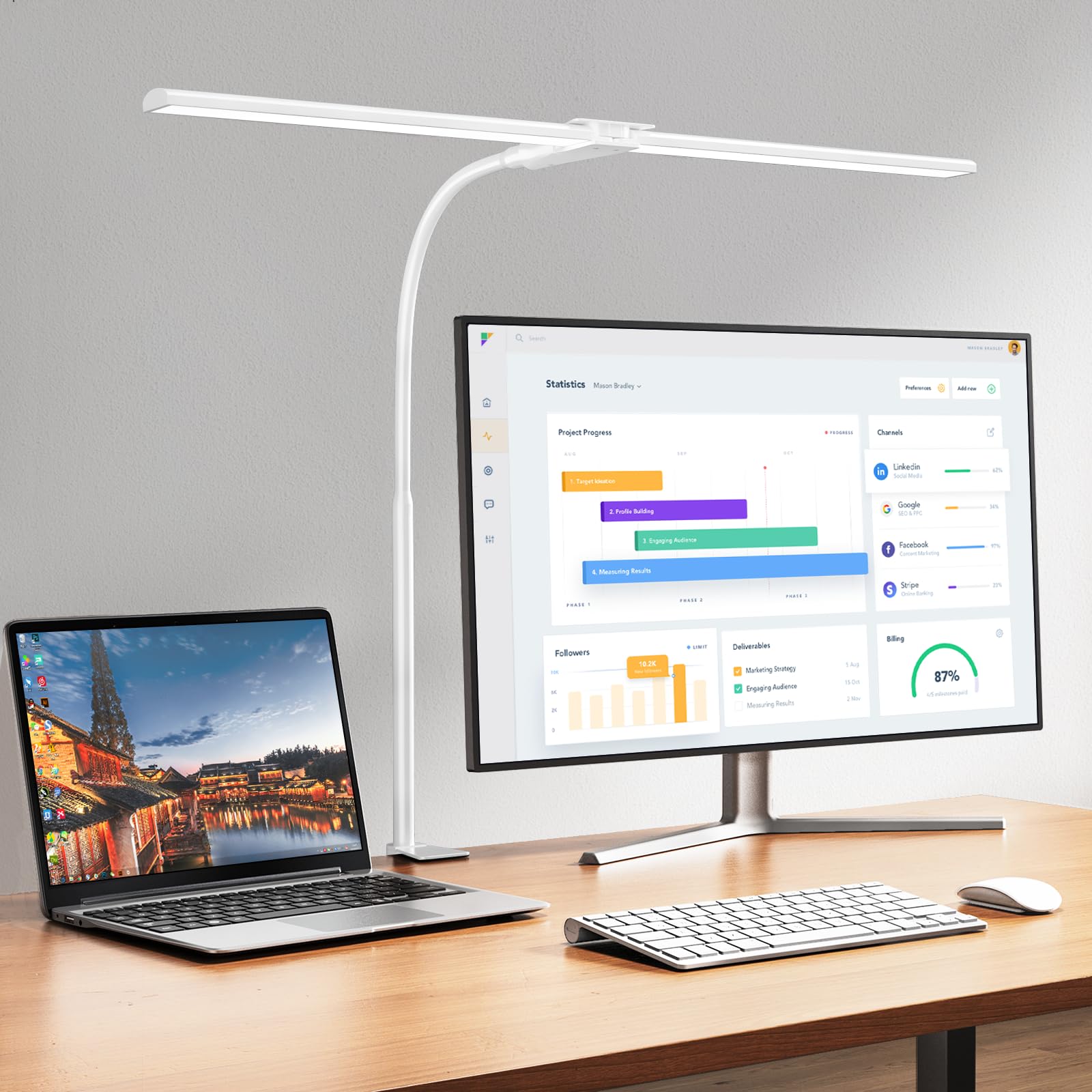 EppieBasic LED Desk Lamp, Double Head Architect Light, 1200LM, Eye Protection, White, Aluminum