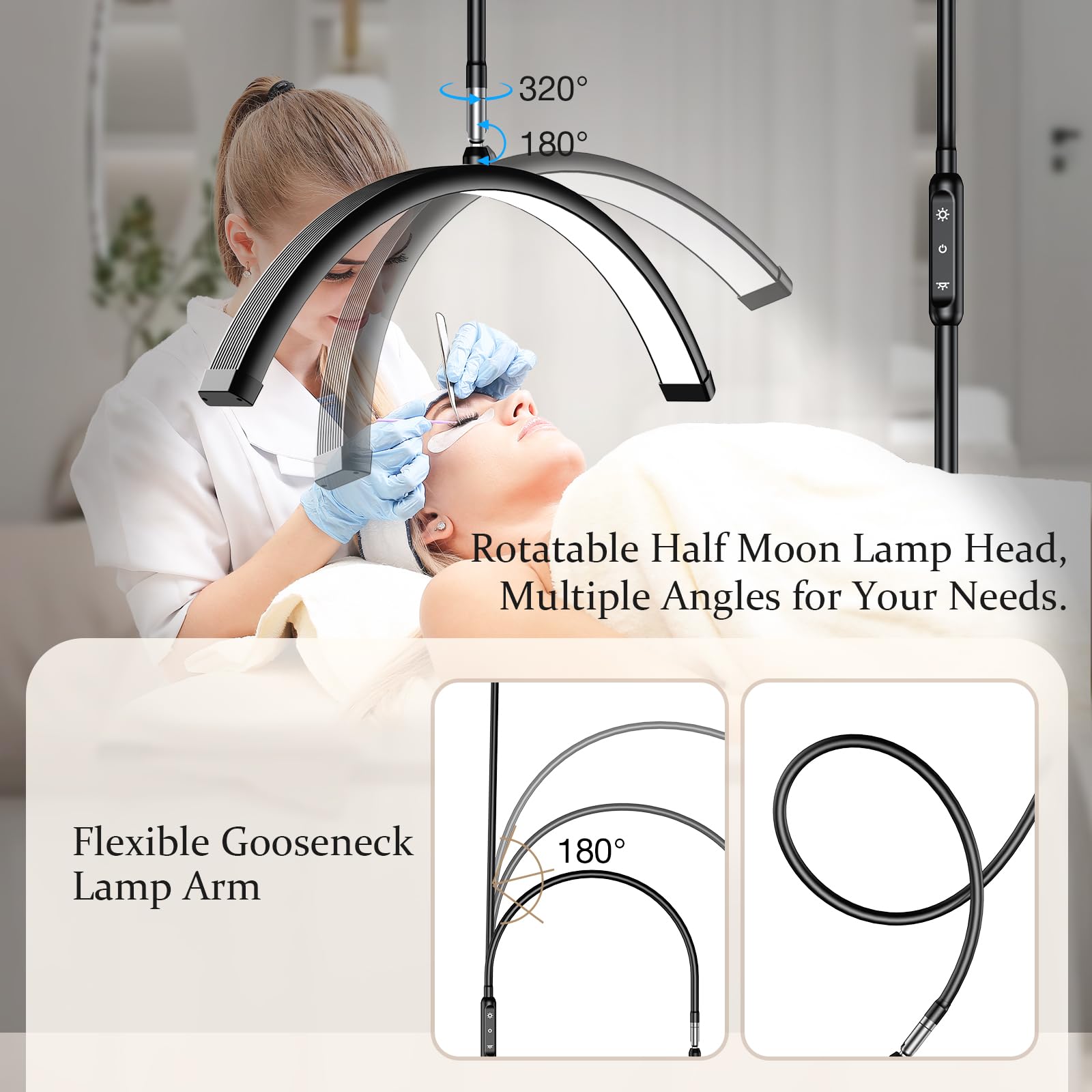 Mznoo Lash Light, 30W/3600Lm Bright Half Moon Light For Eyelash Extensions, Nails And Tattoos, 23In Large Led Floor Lamp Adjusta