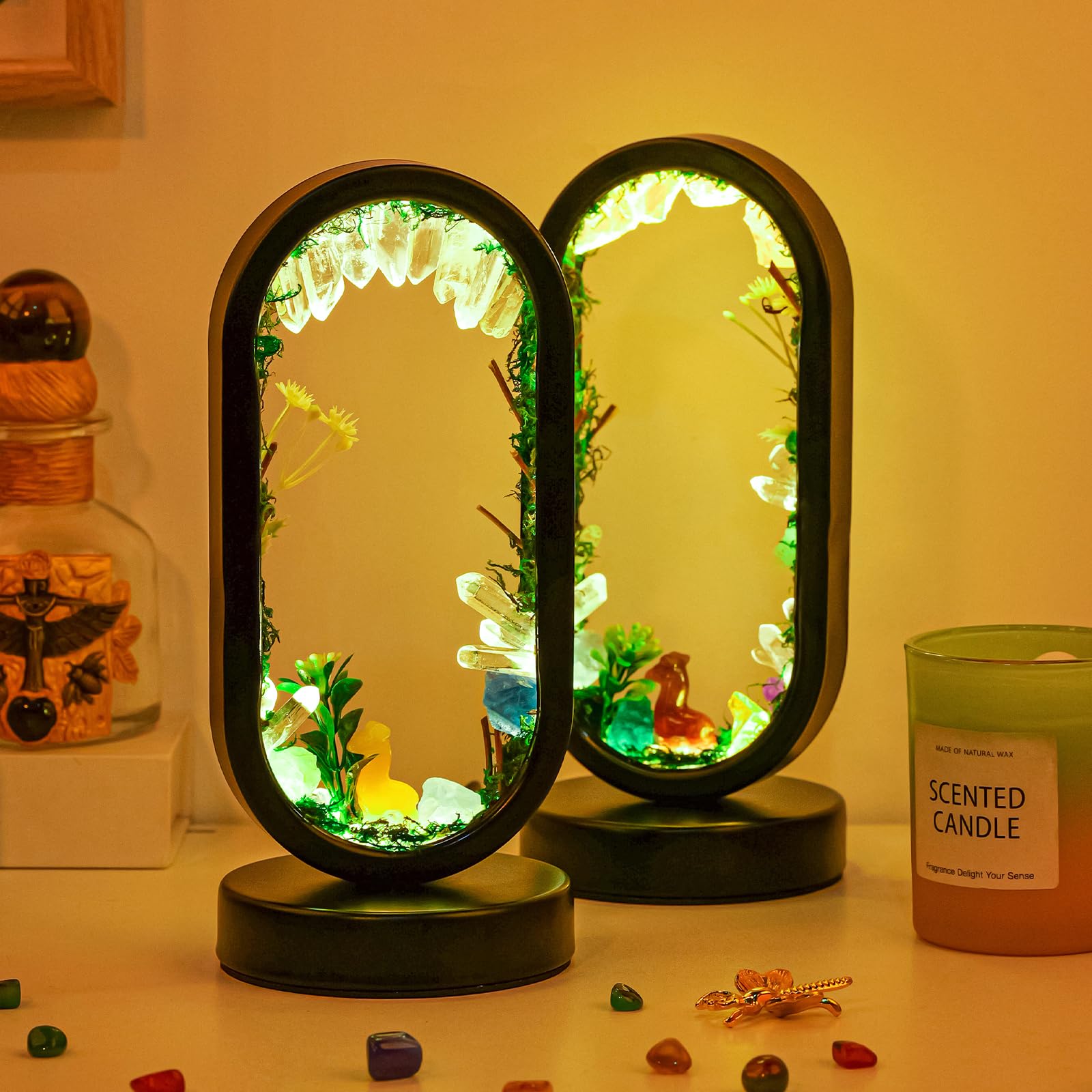 Runyangshi Natural Crystal Night Light - Oval Quartz Lamp, USB Powered, Tri-Color Ambient Lighting, Forest Style, Ellipse Shape