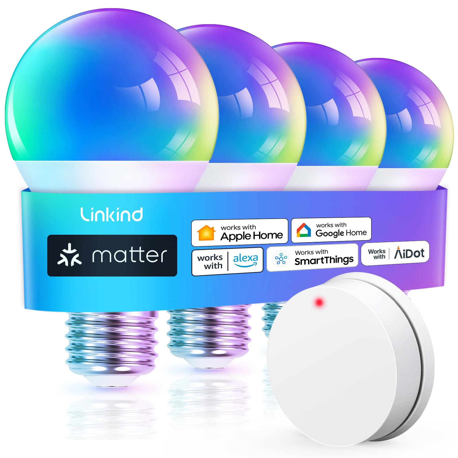 Linkind Matter Smart Light Bulb, WiFi Smart Bulbs with Remote, Smart Bulb Work with Apple Home, Alexa, Google Home, SmartThings, RGBTW Color Changing Bulbs Music Sync, 2.4Ghz A19 E26 60W 800LM 4 Pack