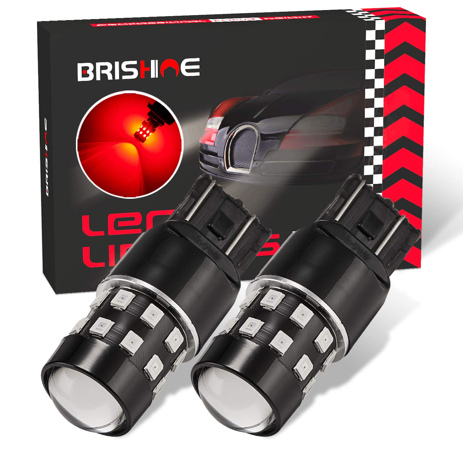 Brishine Super Bright 7443 7440 7444 992 T20 Led Bulbs Brilliant Red 9-30V Non-Polarity 24-Smd Led Chipsets With Projector For Brake Tail Lights, Turn Signal Lights(Pack Of 2)
