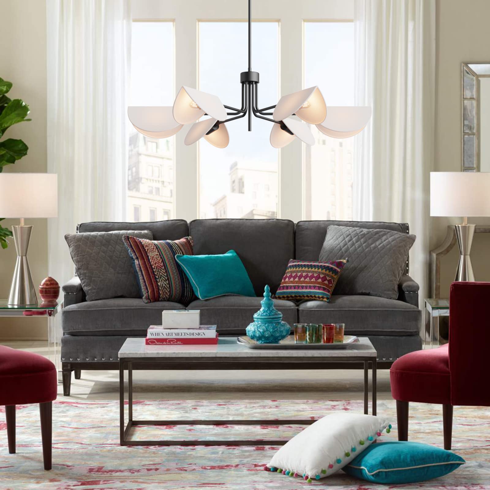 Seol-Light 6-Light Fold White Linen Blossom Shades Chandelier With Black Metal Stems,E12,240W,35'' Dia Large;