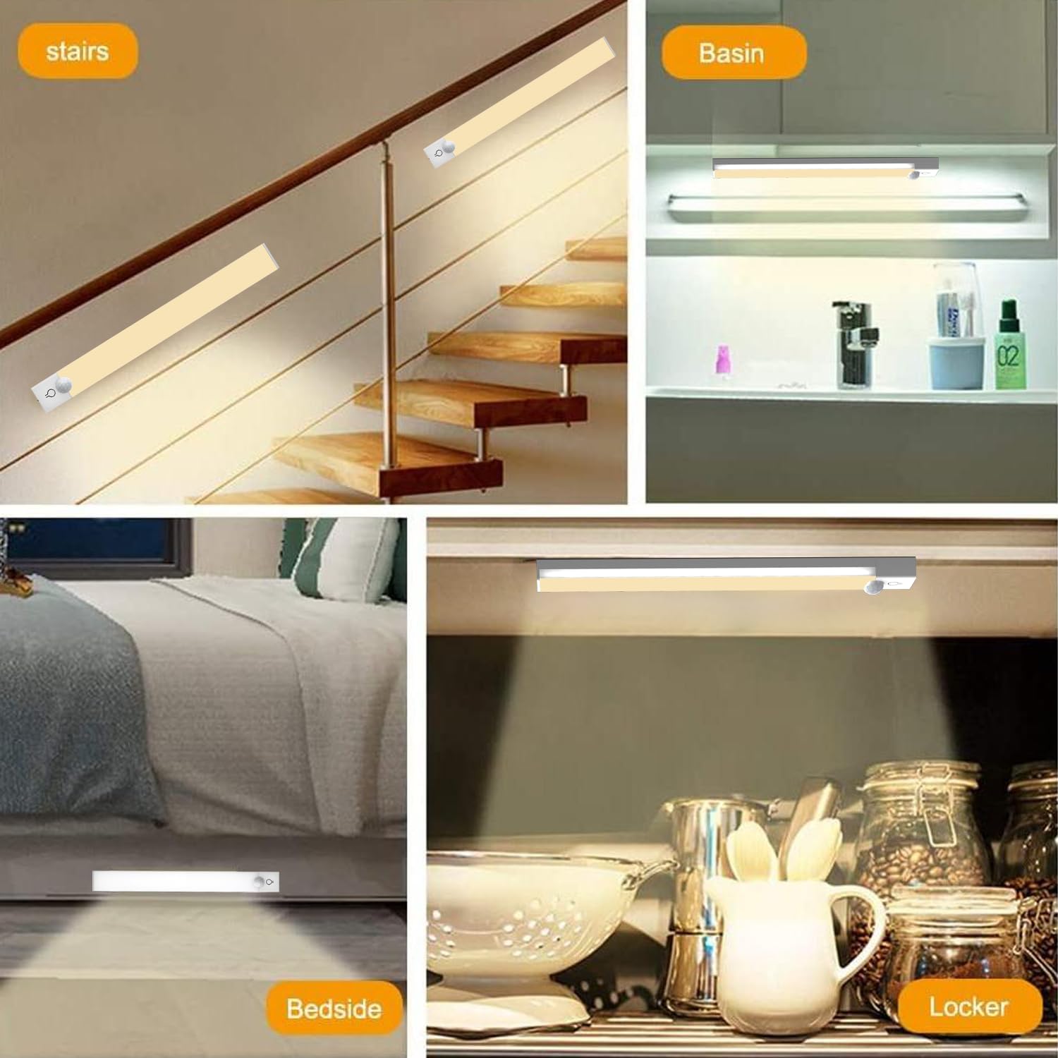 Rihvy Under Cabinet Lighting - 4" Rechargeable Motion Sensor LED Lights, 3 Color Dimmable, 12 Pack, Battery Operated, White