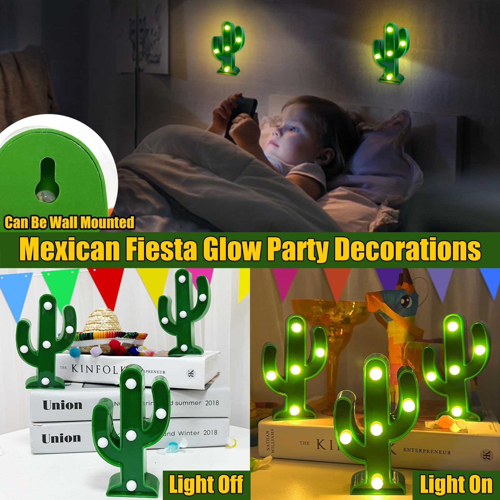 TURNMEON 3 Piece Cactus Decor LED Cactus Light Fiesta Decorations, Fiesta Mexican Party Decorations Green Cactus Night Light Cut