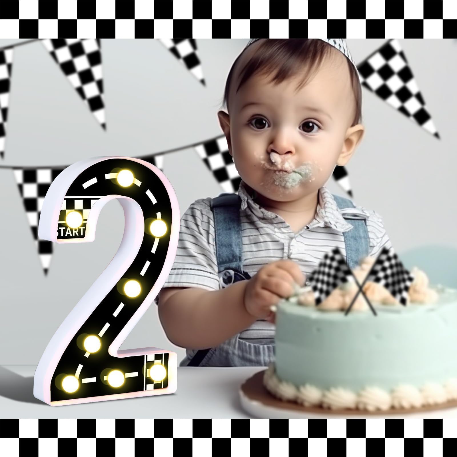 AXBMM Racing Car Birthday Light Up Sign, Number 2, Checkered Decor, Polypropylene, White/Black, Model XY-299