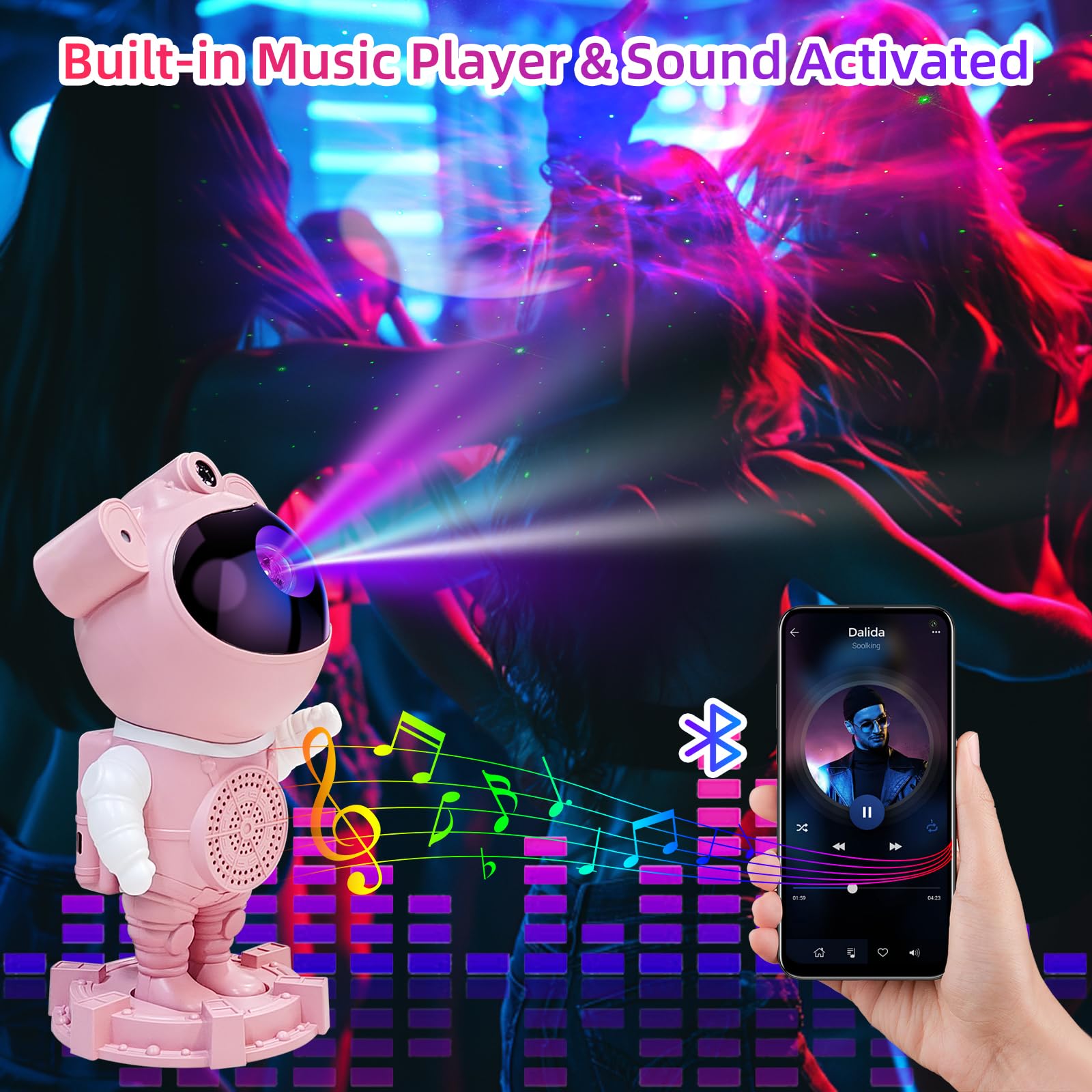 RUISHINE Astronaut Galaxy Projector - Bluetooth Star Moon Nebula Light, 360° Adjustable, Timer, White Noise, Pink (Model: PINK01)