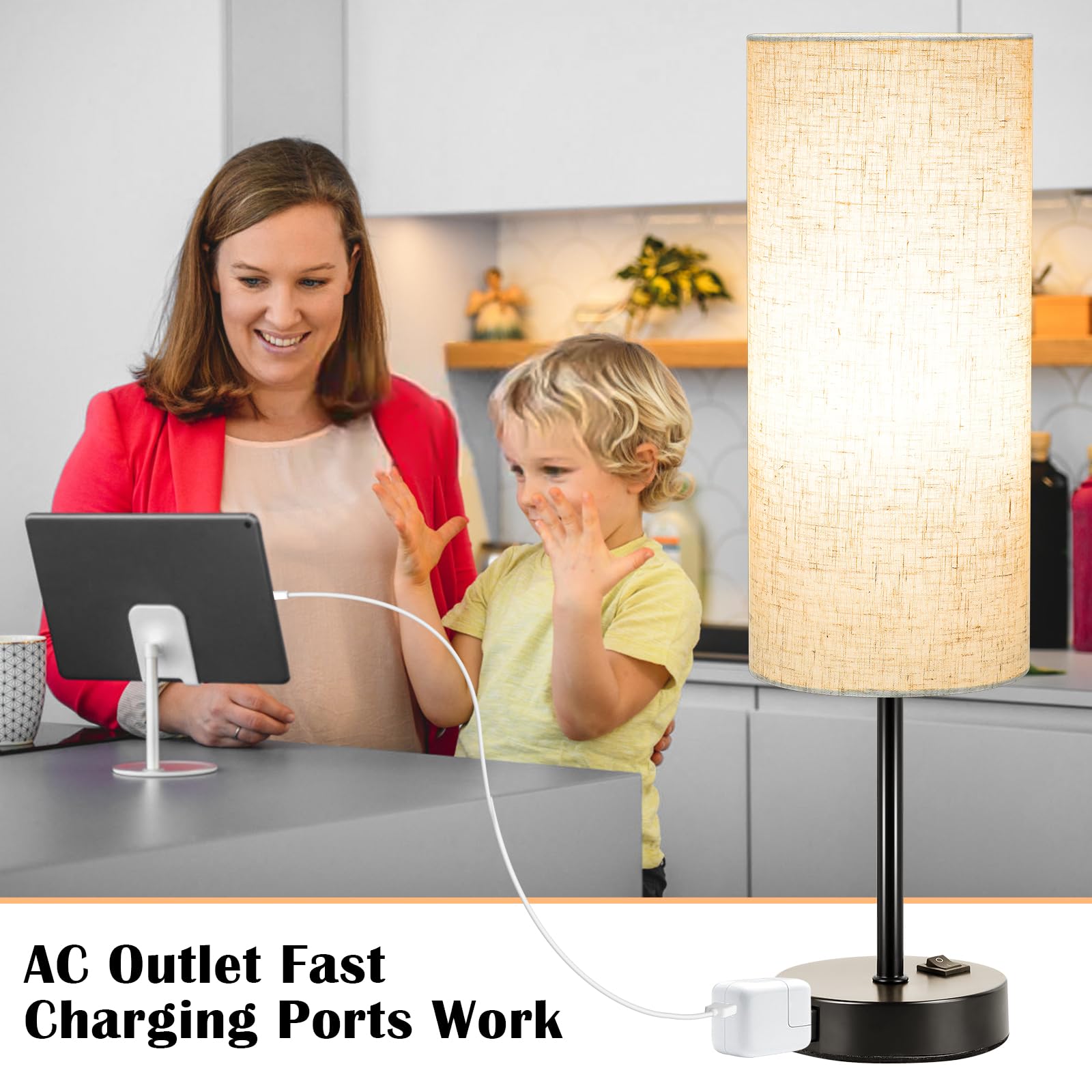 Zjojo Table Lamp For Bedroom 2 Pack,18In Bedside Lamps With 3 Way Dimmable Rocker Switch & Ac Outlet,Nightstand Desk Lamp With F