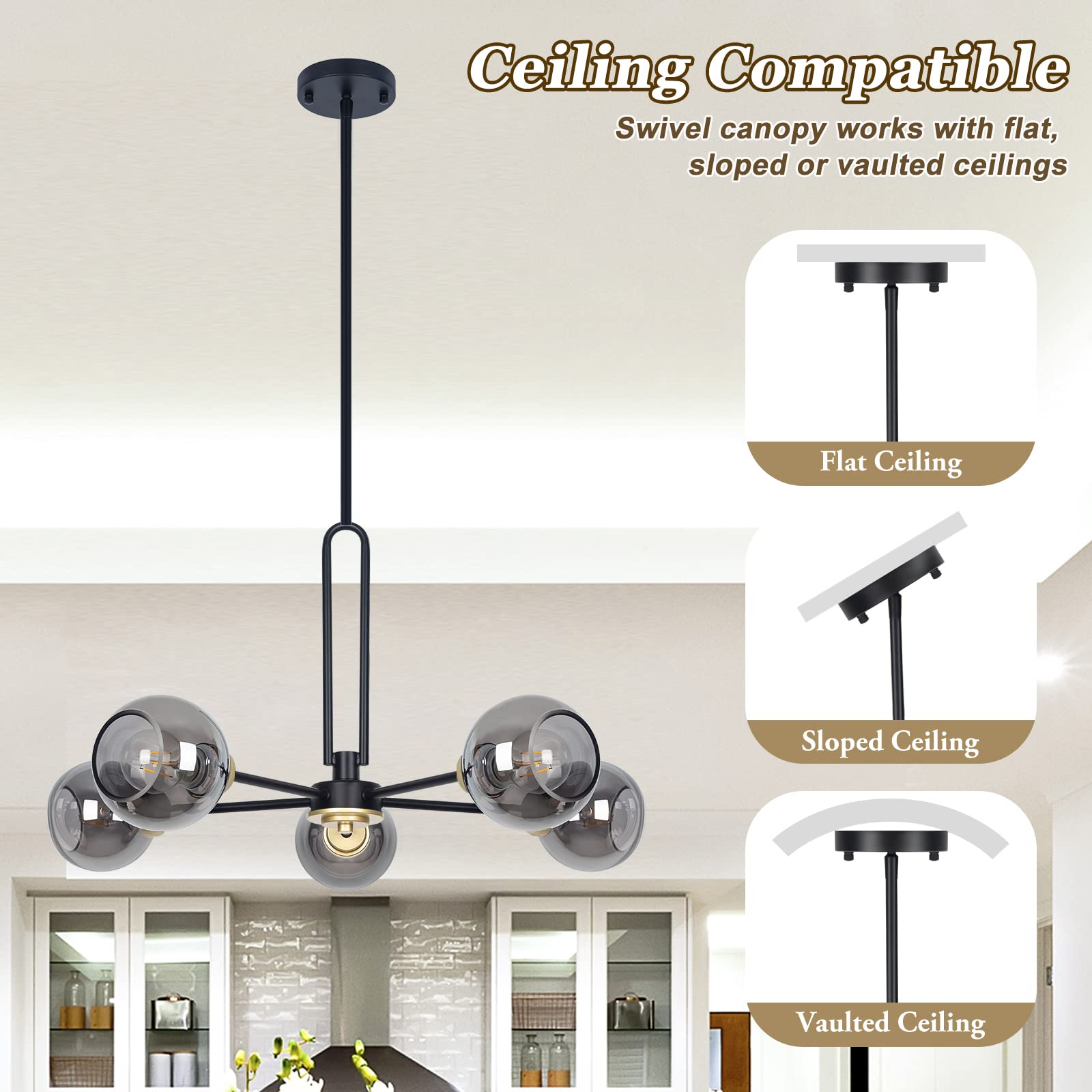 5-Light Globe Chandelier Pendant Lighting - Modern Large Semi-Flush Ceiling Light Fixture With Smoked Glass, Black Dining Room L