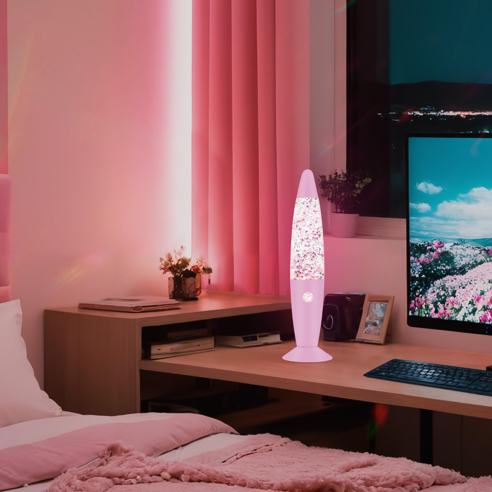 Vanful Glitter Lamp - 13in Pink Aluminum Night Light with Hexagonal and Pentagonal Sparkles for Kids and mature-themeds