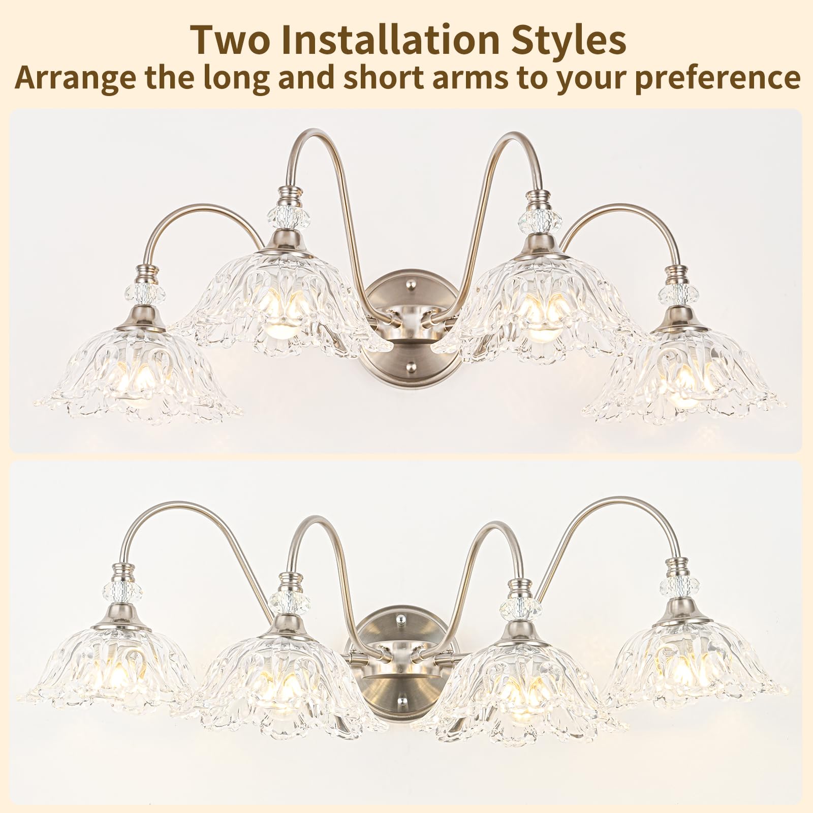Brushed Nickel Bathroom Vanity Light  4-Light Vanity Light With Floral Clear Glass Shades  Brushed Nickel Wall Mount Lighting For Bathroom  Dressing Table