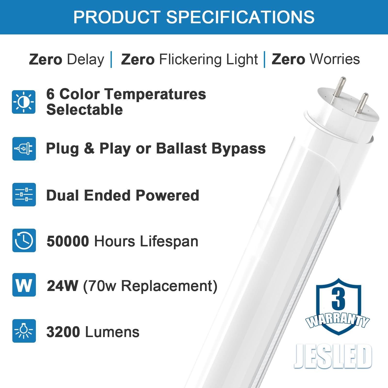 Jesled T8 Led 4Ft Tube Lights, Type A+B, 24W, 3200Lm, 6Cct 3000K | 3500K | 4000K | 5000K | 6000K | 6500K, Plug And Play Or Balla