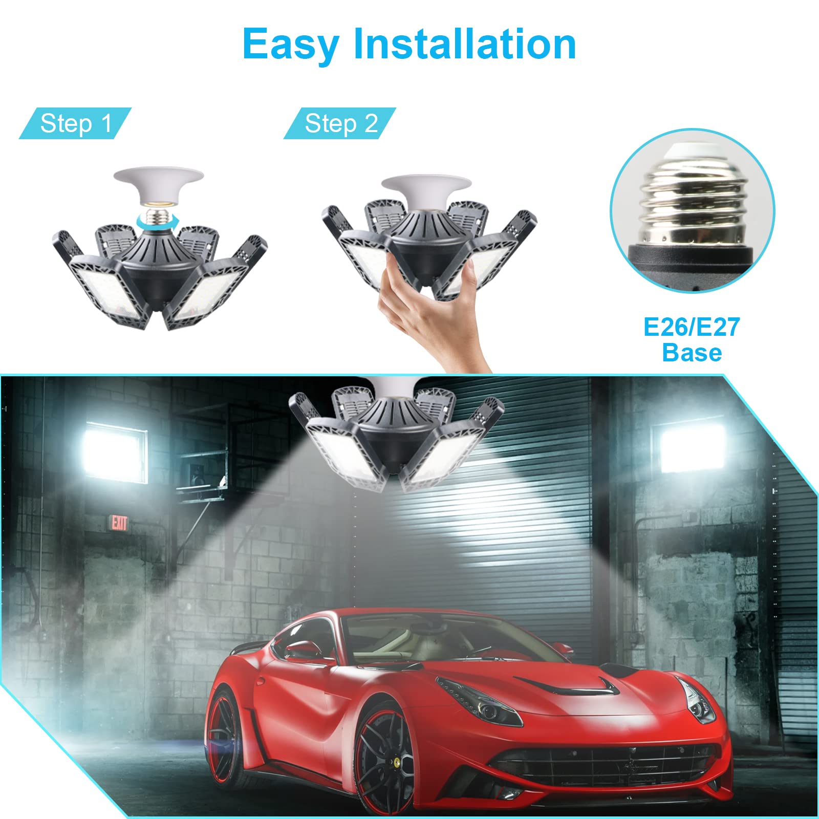 Bnselt 4 Pack 185W Led Garage Lights, 18500Lm Deformable Garage Lights Ceiling Led With 6+1 Panel,6500K Daylight Adjustable Folding Garage Led Shop Lights E26/E27 For Garage,Workshop,Basement