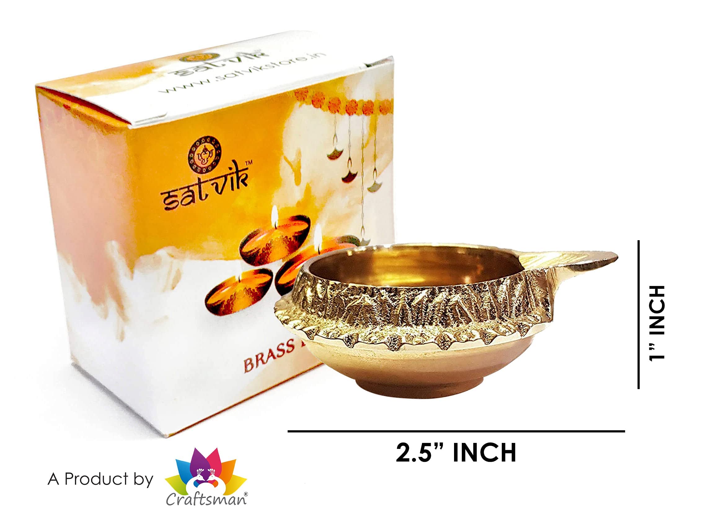 100% Pure Virgin Brass Diwali Diya Indian Pooja Oil Lamp - Golden Engraved Design 2.5 Inch. Deepawali Diya/Tea Light Holder/Chri