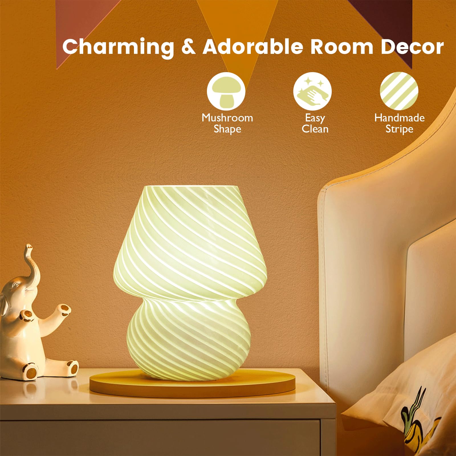 ULAROOM Mushroom Lamp, USB Plug-in, 3 Temperature LED Bulb, Glass, Stripe Green, Model JYTD23, Ideal for Bedroom/Living Room Decor