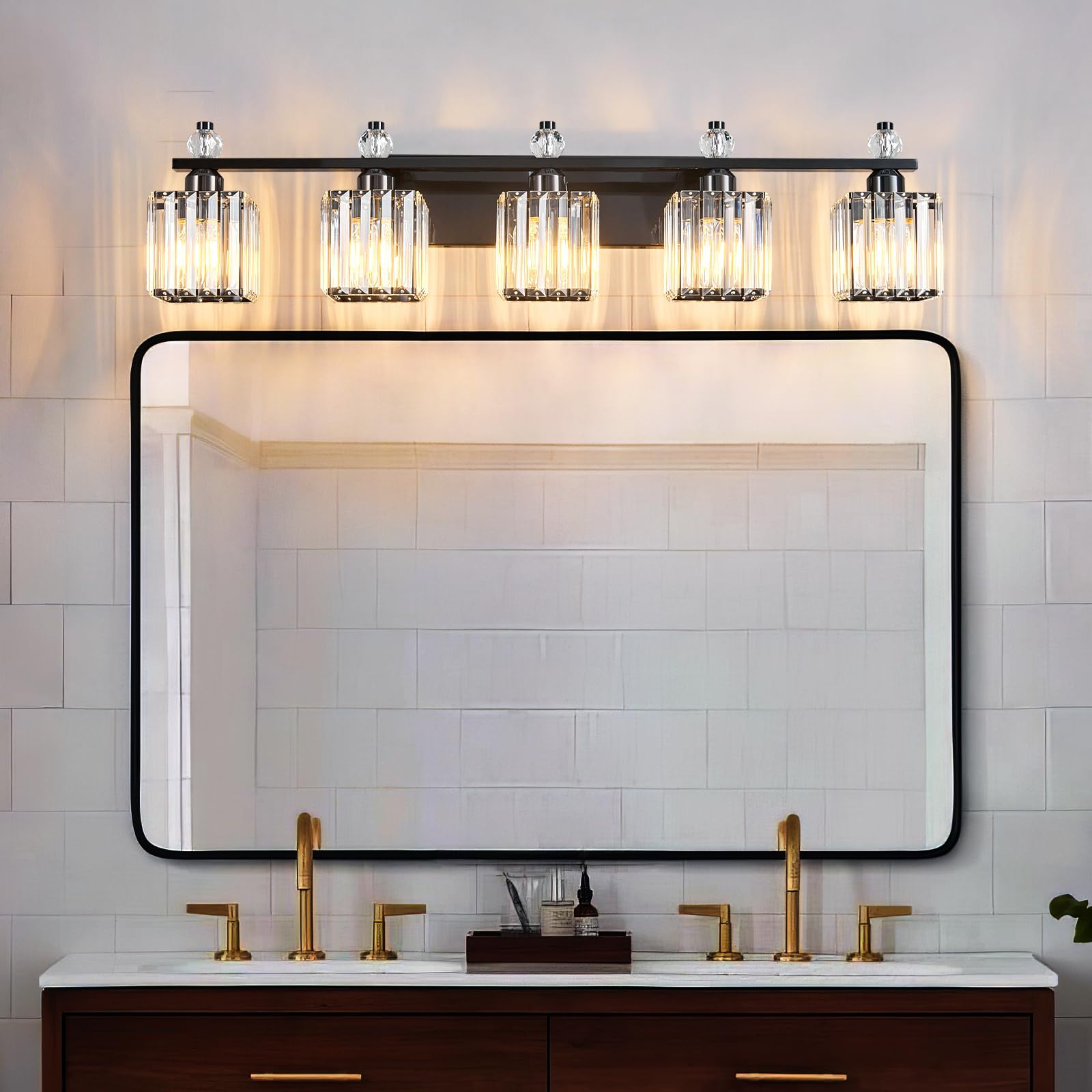 FDPBY 5-Light Crystal Vanity Light Fixtures, Plating Black, Metal, Model 290, Modern Bathroom Lighting Over Mirror