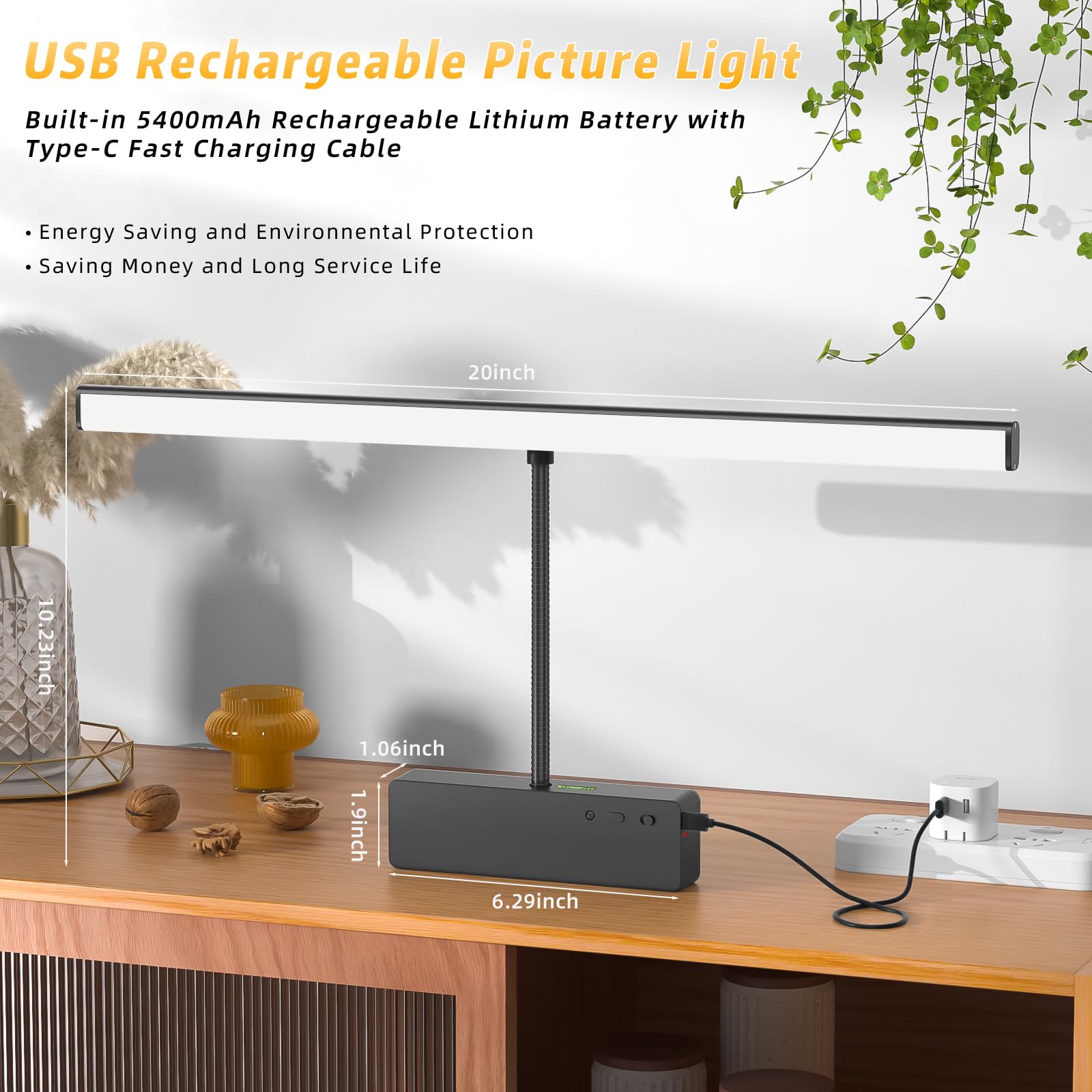 Picture Light With Remote, 20Inch Wireless Rechargeable Battery Wall Light For Paintings, 3 Colors Paintings Light Dimmable And Timer Metal Art Light For Display, Wall, Artwork, Gallery (Black)