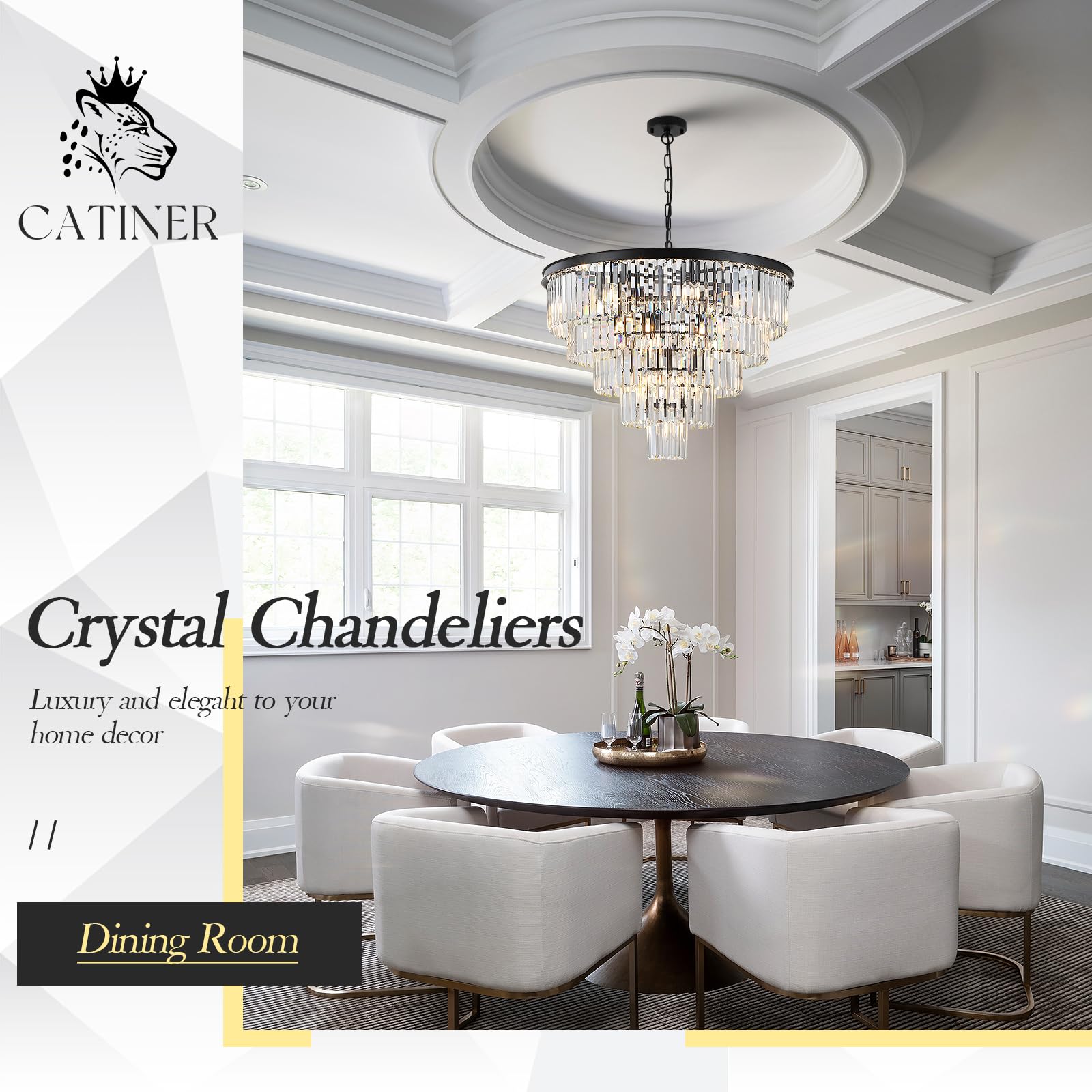 CATINER Large Black Crystal Chandelier, 30” Modern 5-Tier Pendant Light, 16 Lights for High Ceiling Foyer, Dining Room, Staircase
