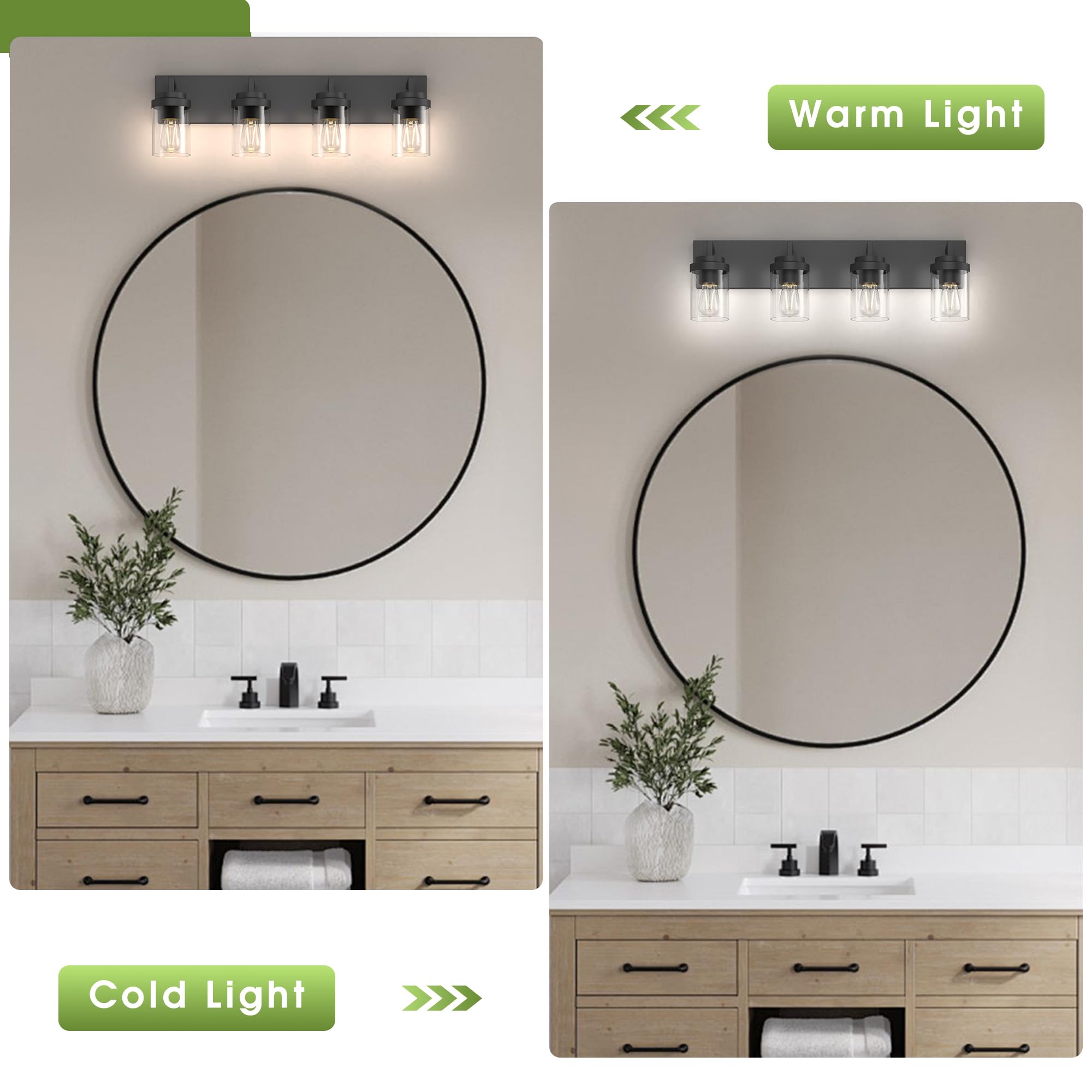 Espird Bathroom Vanity Light - 4 Light Matte Black Fixture with Clear Glass Shade, 30in Farmhouse Design