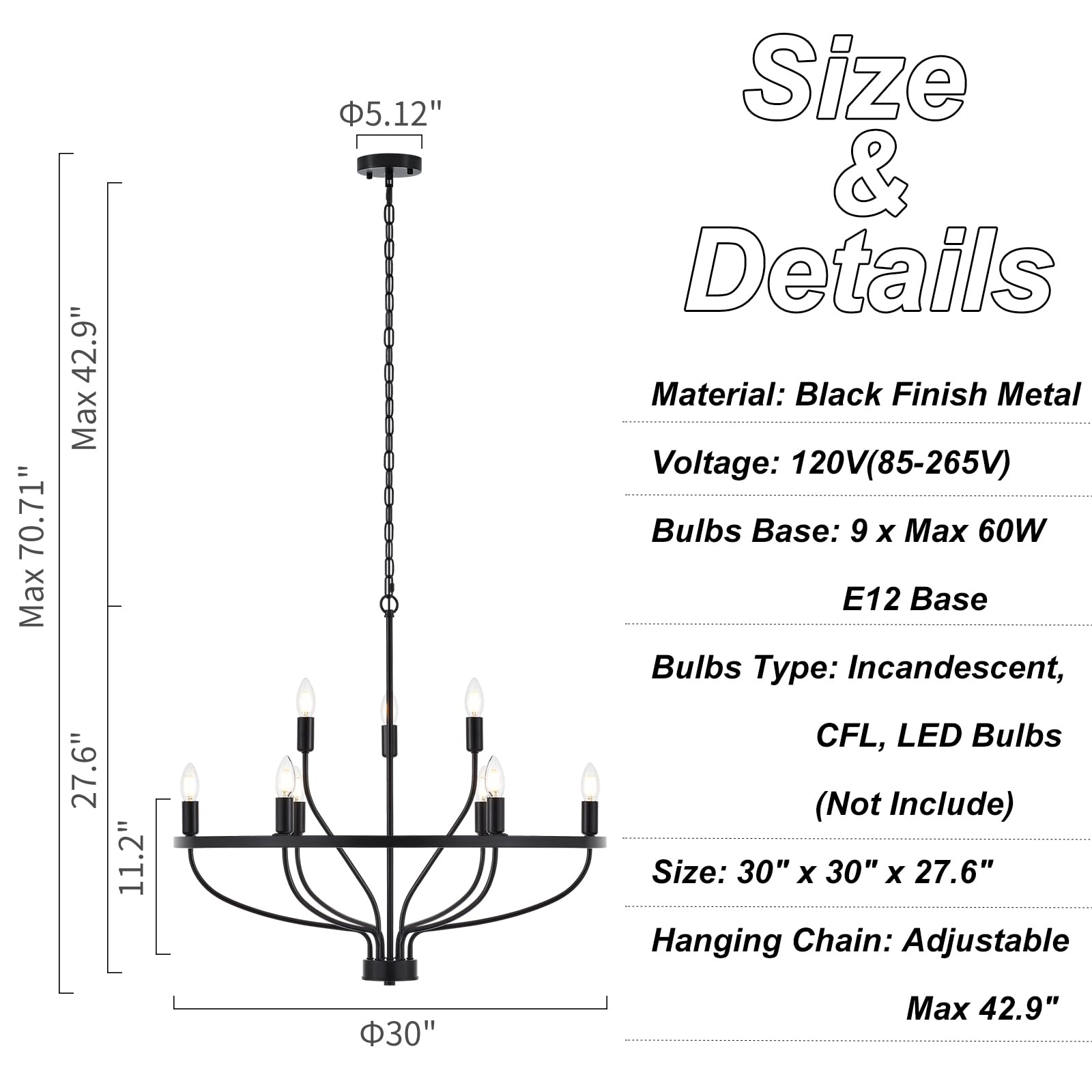 Widluth Industrial Black Chandelier, 30in Vintage 9-Lights Candle Style Fixture for Dining Room, Kitchen, Living Room, Bedroom