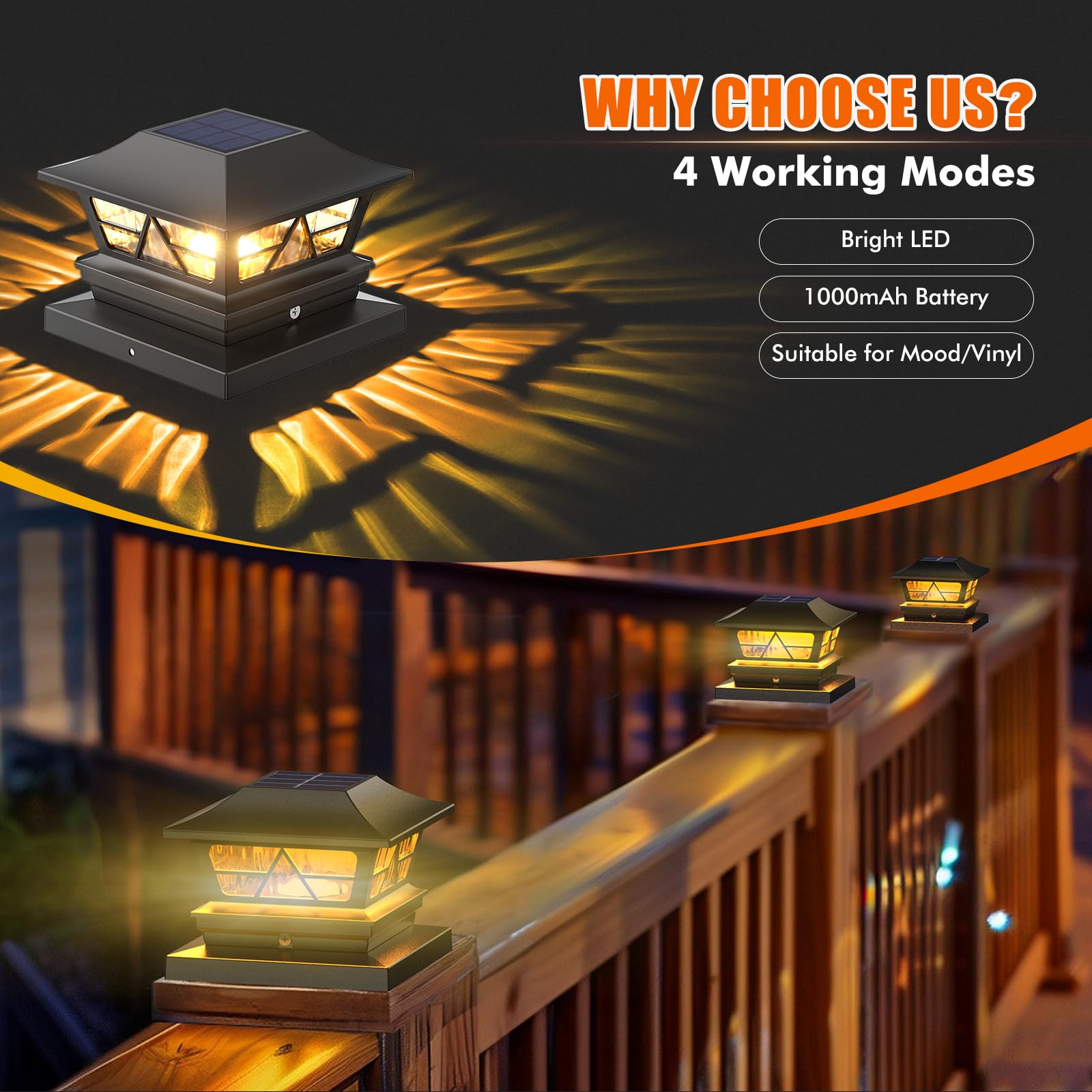 Viewsun Solar Post Lights, Waterproof RGB Color Changing, 8 Pack, Black, for 4x4 5x5 6x6 Vinyl/Wooden Fence, Model VV-LT111