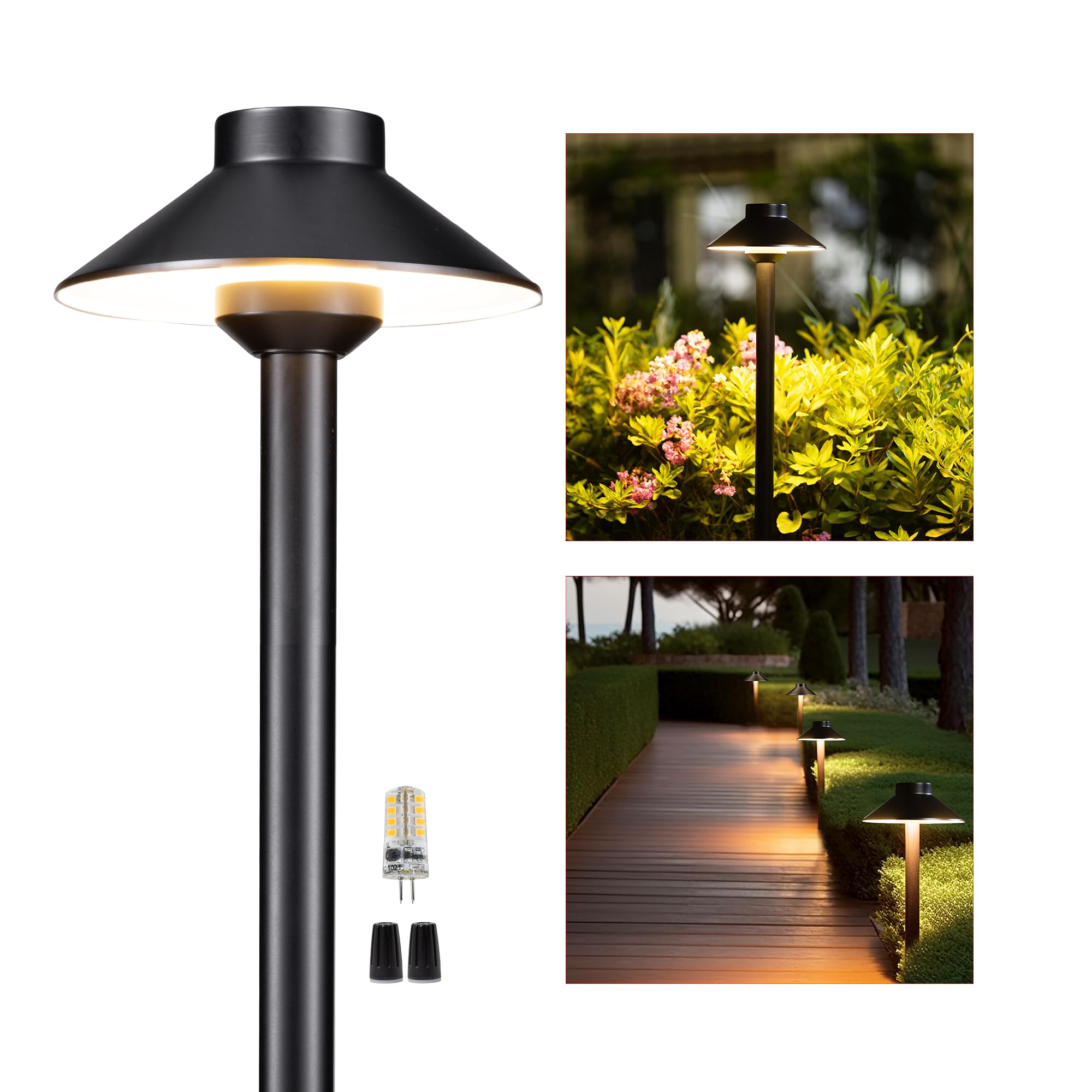 Gardenreet Outdoor Brass Pathway Lights - 12V Low Voltage Landscape Path Lighting Wired, Led Pathlight Ip65 Waterproof, Hat-Top Black For Outside Walkway Yard With 3W 270Lm 2700K Warm White G4 Bulb