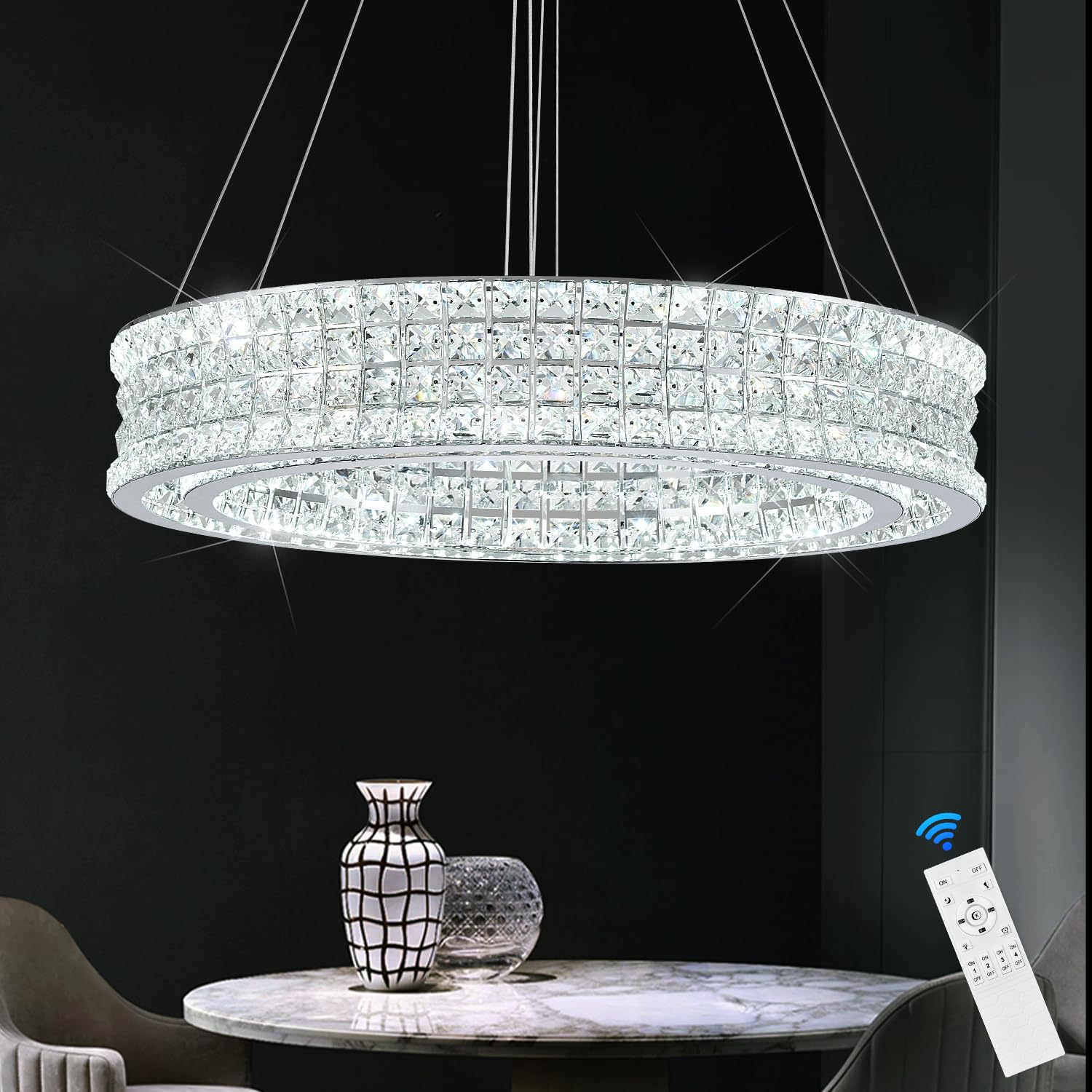 Poemoon Crystal LED Chandelier 2-Tier Dimmable 3000-6500K 24in  Chrome Model 4003-600C