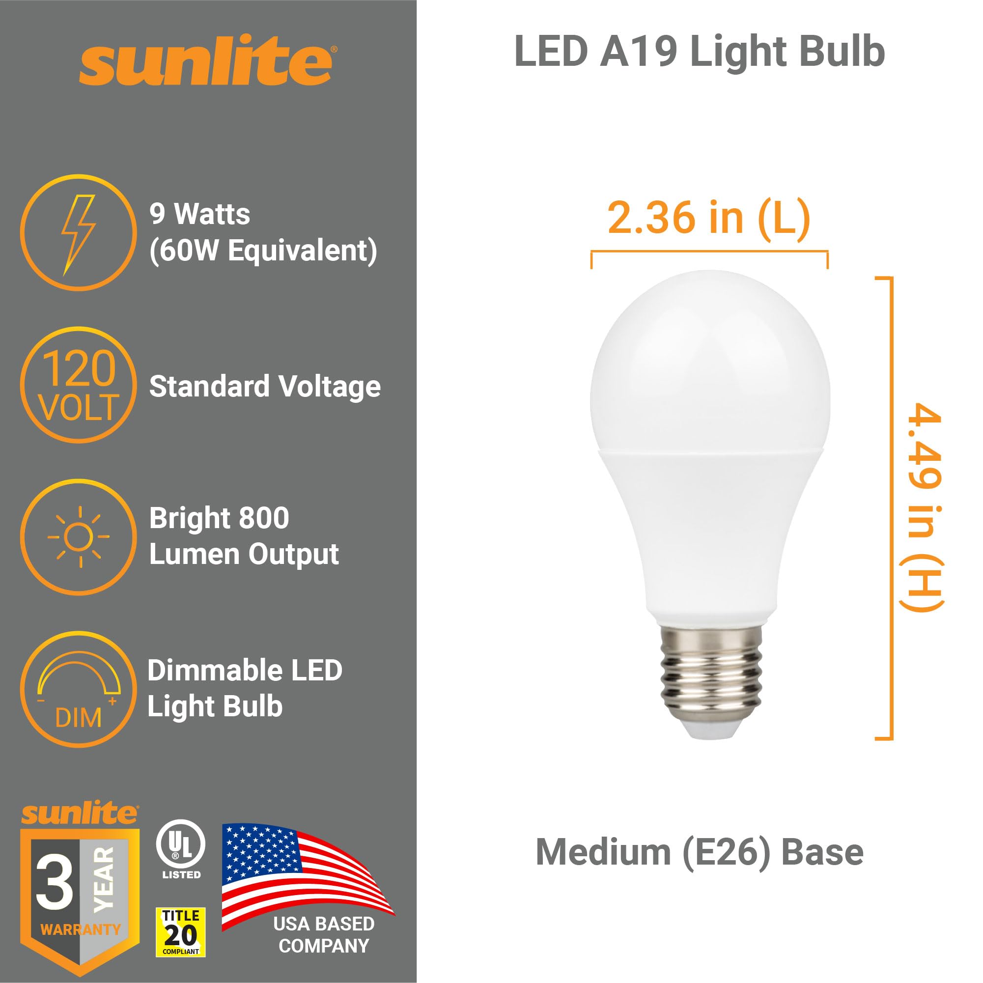 Sunlite LED A19 Light Bulb, 9W (60W Equivalent), Dimmable, 800 Lumens, 4000K Cool White, Medium E26 Base, 6 Pack
