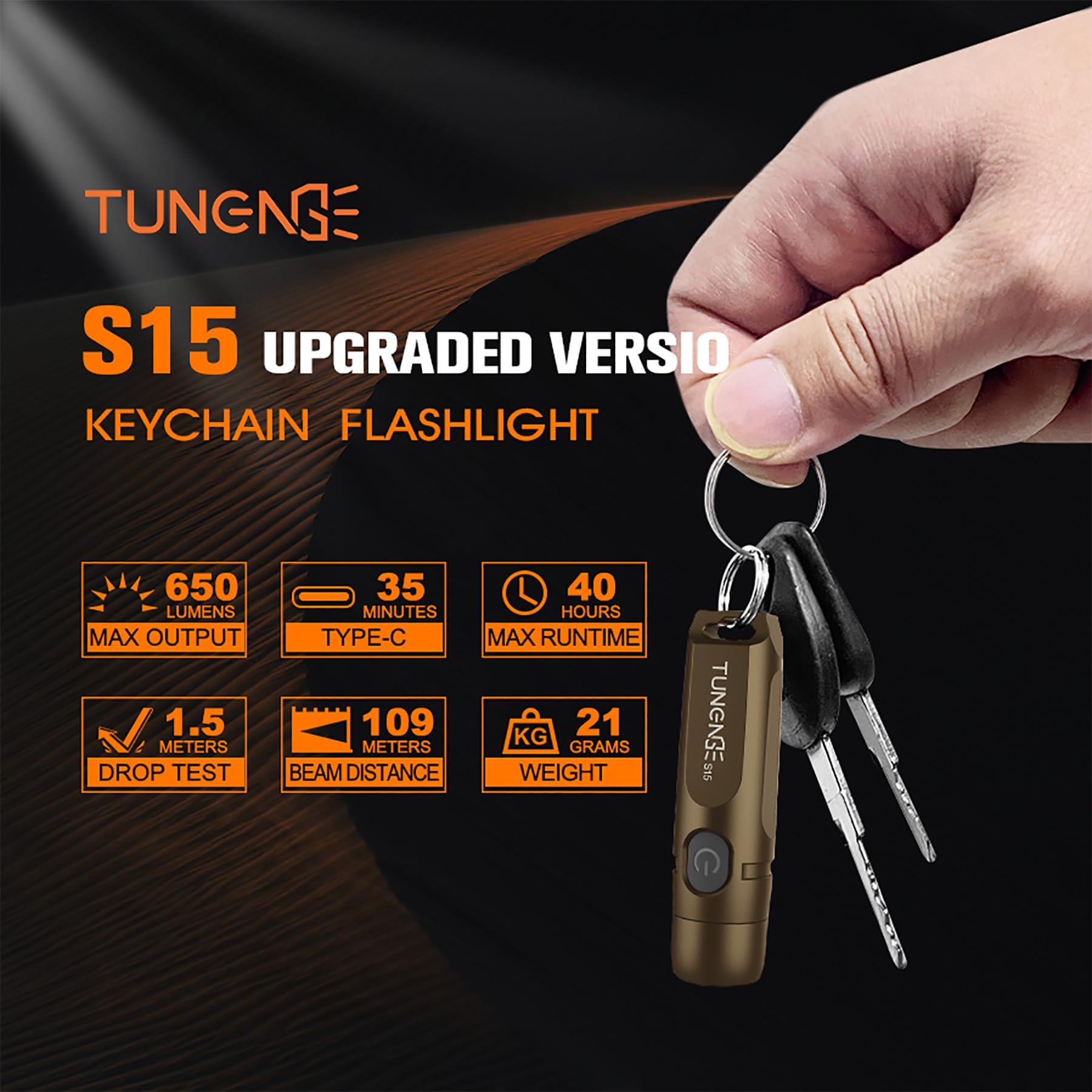 TUNENGE S15 Keychain Flashlight, 650 Lumens, Rechargeable EDC Mini Light, Aluminum, Brown